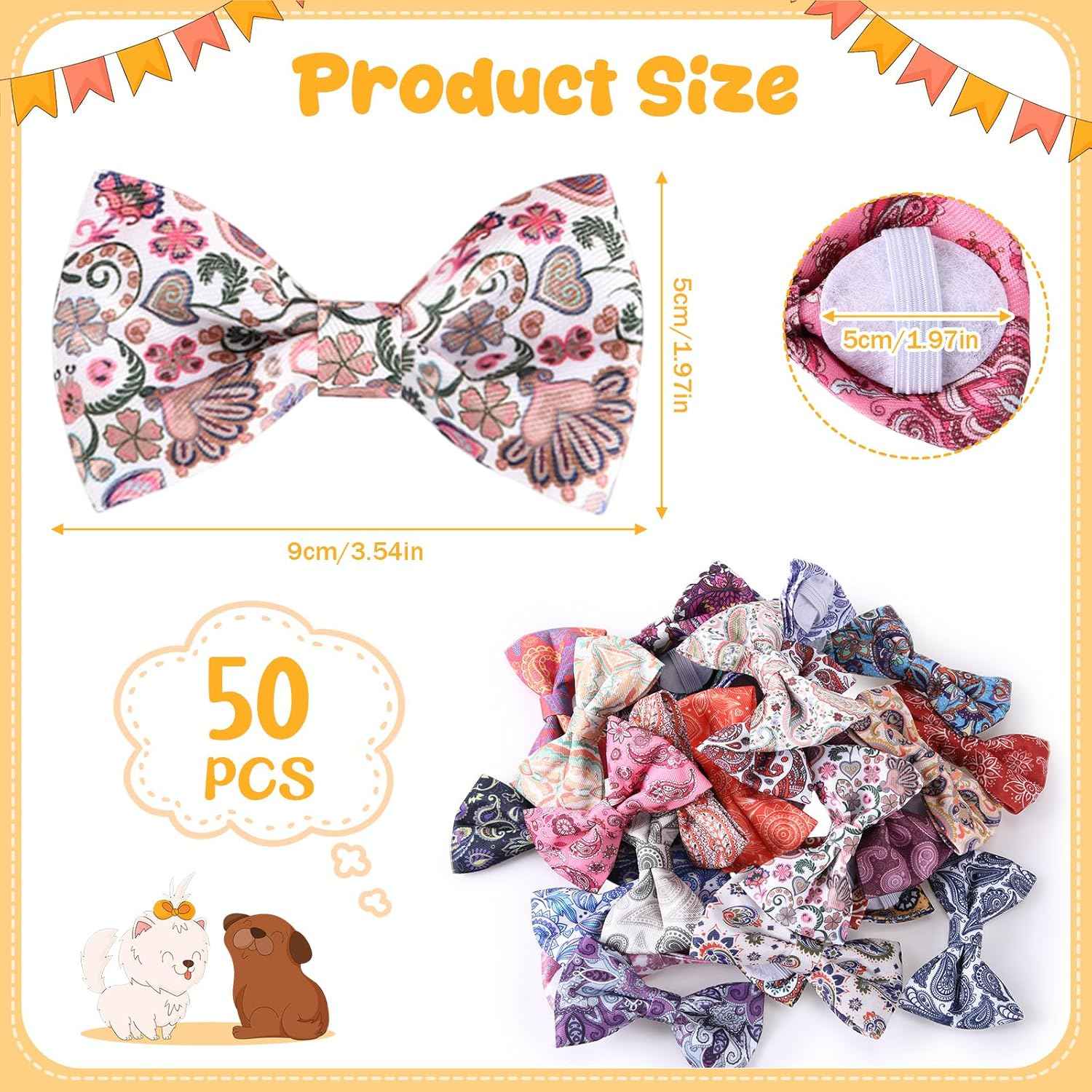 Reginary 50 Pieces Dog Bow Ties Pet Collar Bow Puppy Collar Attachment with Rubber Bands for Small Medium Cat Pet Grooming Charms Accessories Wedding Birthday Occasion (Paisley Style)