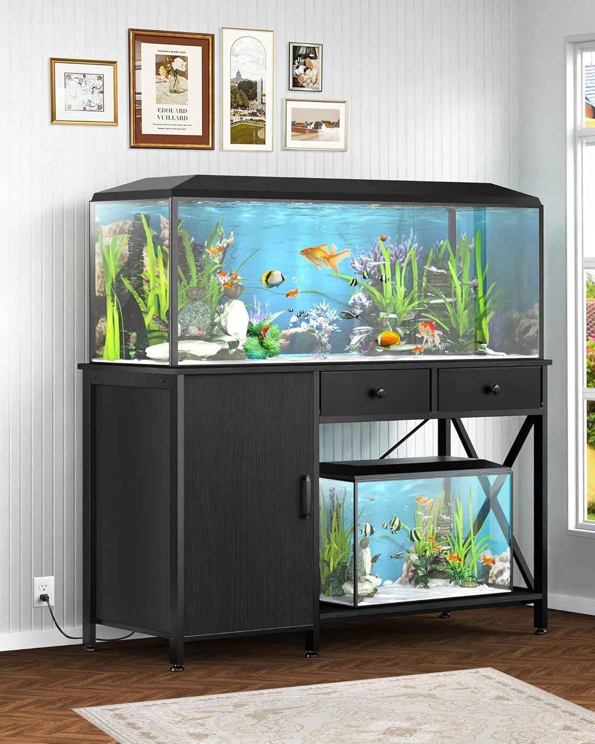 Fish Tank Stand for 55-75 Gallon Fish Tank: Aquarium Stand with Power Outlet - Metal 55 Gallon Tank Stand with Cabinet Drawer Storage for Turtle Tank, Reptile Terrarium (Black 1200LBS Capacity)