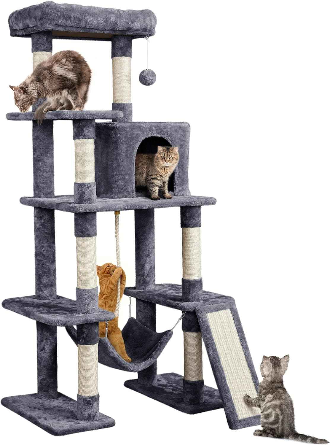 Yaheetech 63in Large Cat Tree for Heavy Cats up to 22lbs, Anti-Wobble Tower with Condo & Hammock, Space-Saving for Indoor Multi-Pet Households, Stops Furniture Scratching
