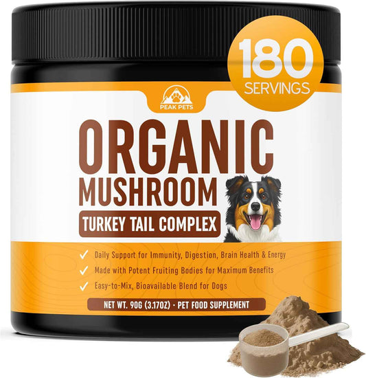 Turkey Tail Mushroom for Dogs Supplement Powder (90g) Organic Mushroom Complex with Lion's Mane for Dogs - Immune Support, Brain Health and Digestion - Third Party Tested, Non-GMO and Made in USA