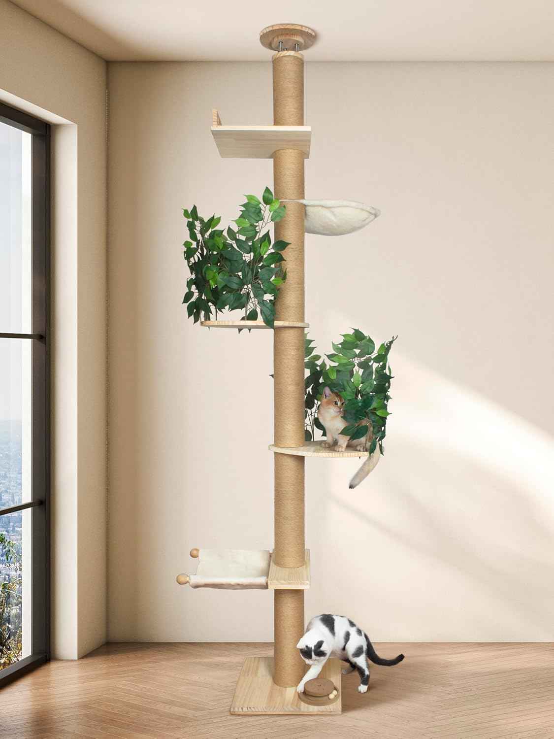 Fantasreen Cat Tree Floor to Ceiling Cat Tower Ajustable Height 97.1-124.4 Inches Tall and 4.5 Inches Thickened Post Large Cat Tree Tower for Indoor Cats Modern