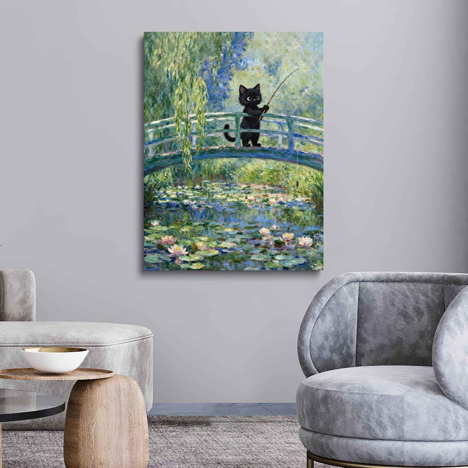 TimAsh Framed Monet Water Lilies Cat Wall Art, Vintage Canvas Art Wall Decor Funny Black Cat Aesthetic Posters Prints for Bathroom Bedroom Living Room Home Office Decorations 10L x 8W