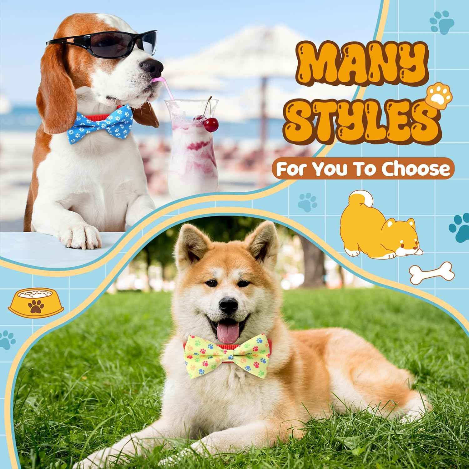 Hillban 50 Pieces Paw Print Dog Collar Bow Ties Colorful Paw Print Dog Collar Accessories Bow Ties Attachment with Elastic Bands Detachable Charms for Pets Collar Accessories Daily Costume