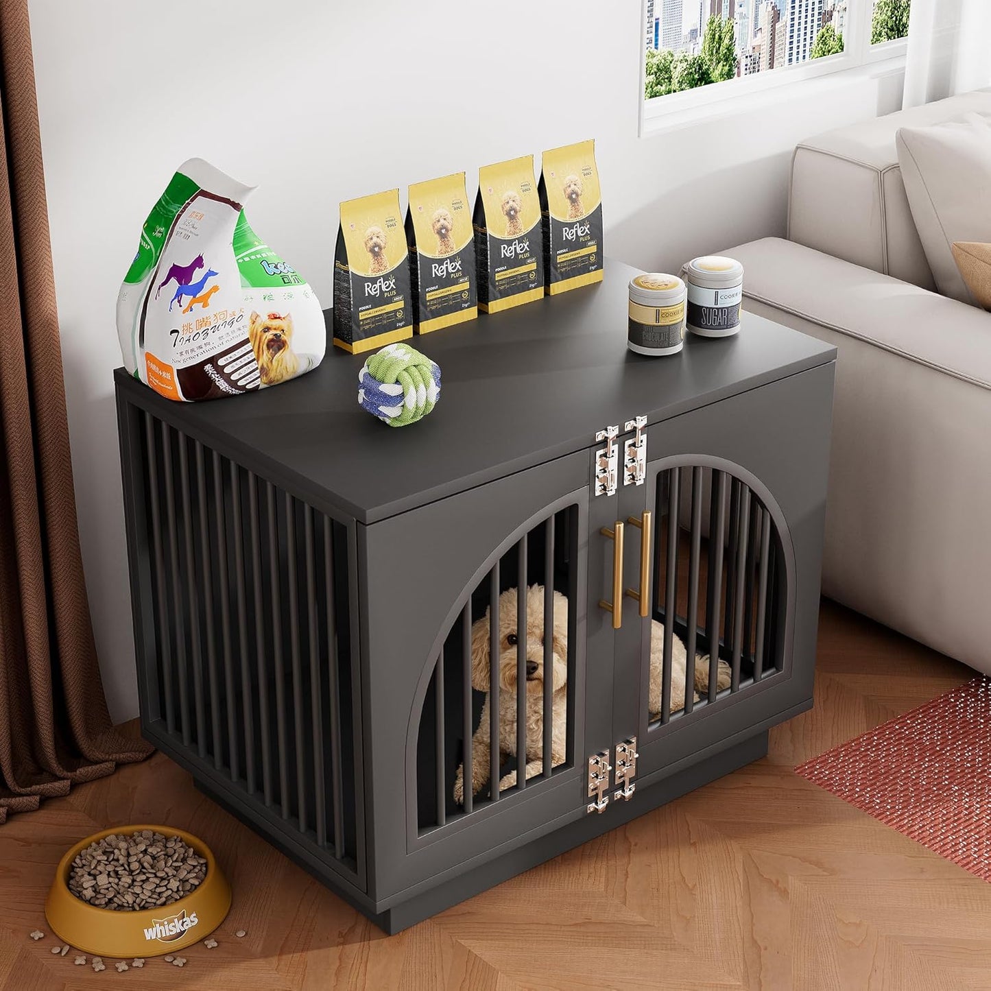 Kepptory Wooden Dog Crate Furniture End Table, Decorative Pet Kennel with Double Doors & Secure Latches for Small Medium Dogs, Black