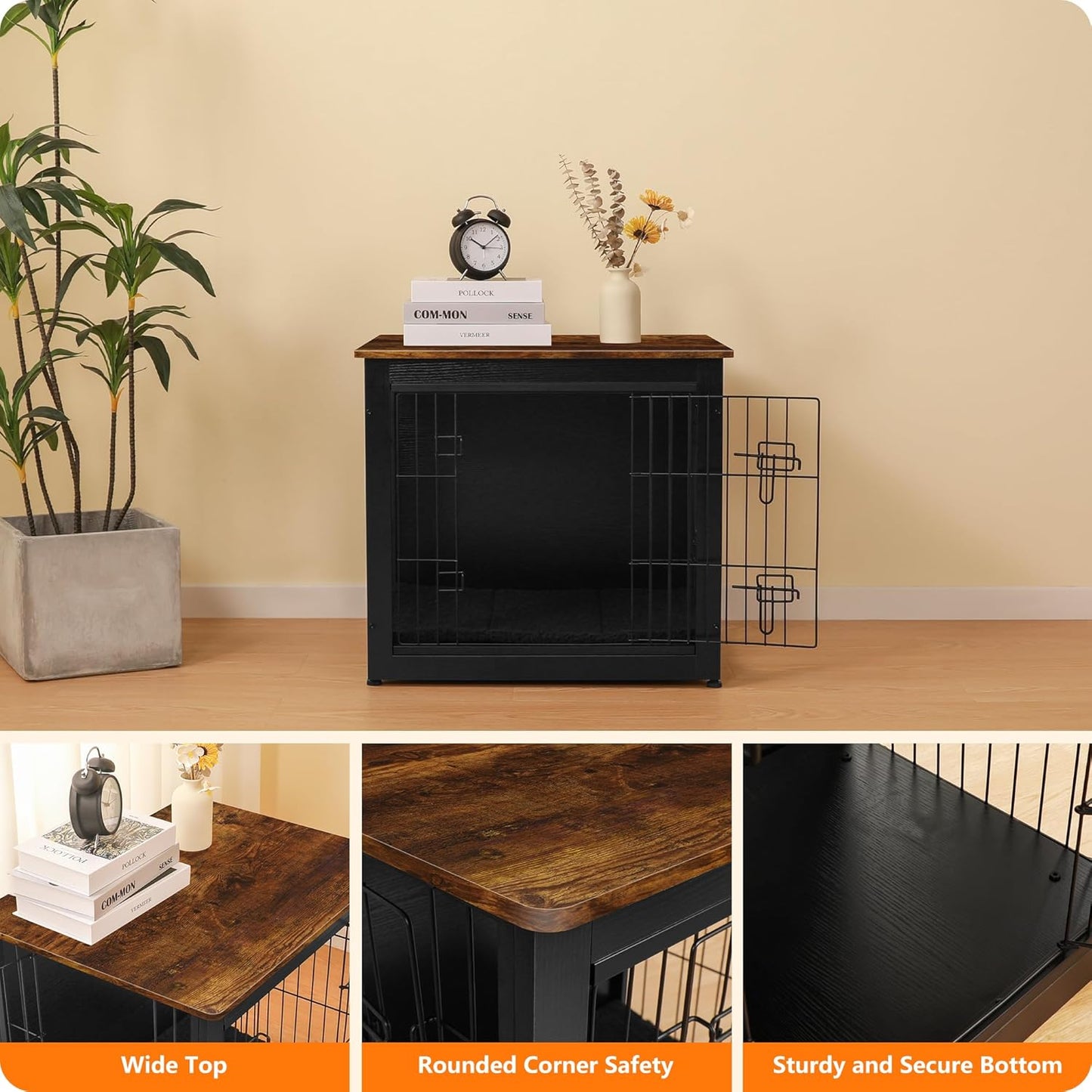 DWANTON Dog Crate Furniture with Cushion, Wooden Kennel Table with Double Doors, Indoor Dog House, Small/Medium/Large Size, 27.2" L, Black+Rustic Brown