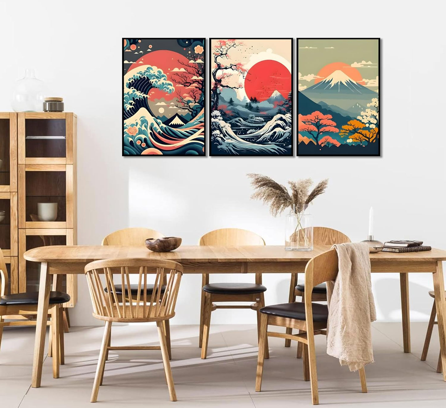HOYXHKMT 3Pcs Japanese Wall Art Japanese Fuji Wall Decor Asian Nature Landscape Posters Pictures Kanagawa Giant Wave Canvas Prints Cherry Blossom Lake Painting for Living Room Bedroom Office Unframed