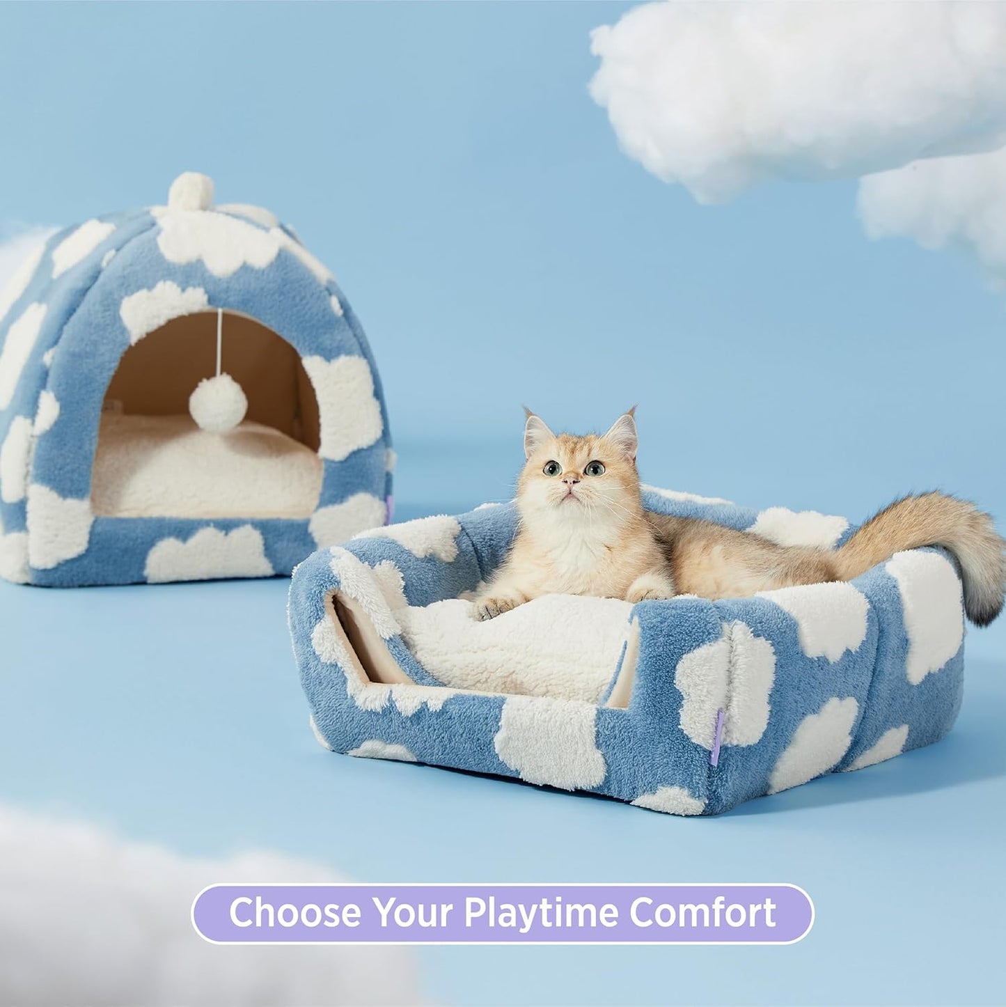 Lesure Cute Cat Beds for Indoor Cats - 2 in 1 Large Cat Cave Bed for Puppy and Small Dog with Removable Washable Cushioned Pillow, Cozy Kitten Tent with Non-Slip Bottom, Blue, 17.3 inches