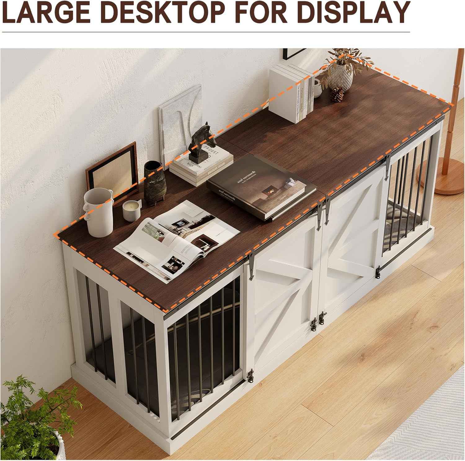 Dog Crate Furniture - Indoor Wooden Dog Kennel with Room Divider and Double Sliding Barn Doors - 71”x23.6”x31.5”H, White