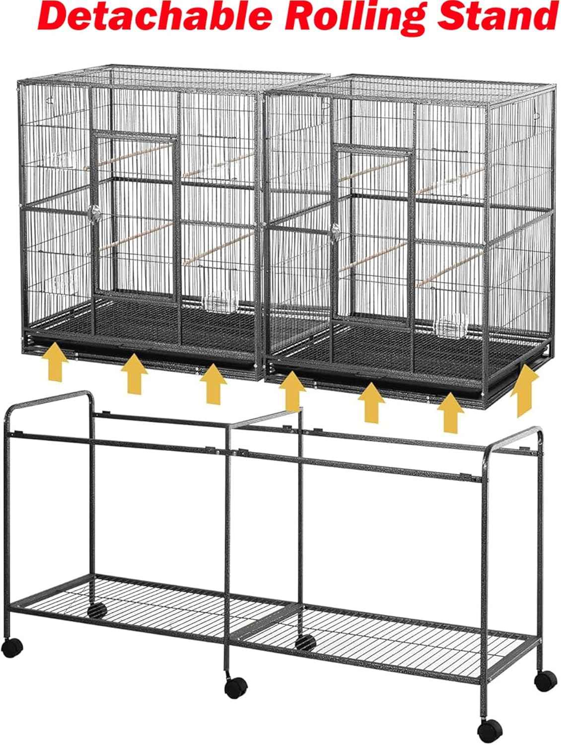 Extra Large Double Birdhouse Treehouse Bird Flight Parrot Center Divider Cage Feeder Doors Side Breeding Doors Easy Clean Pull Out Tray with Detachable Rolling Stand