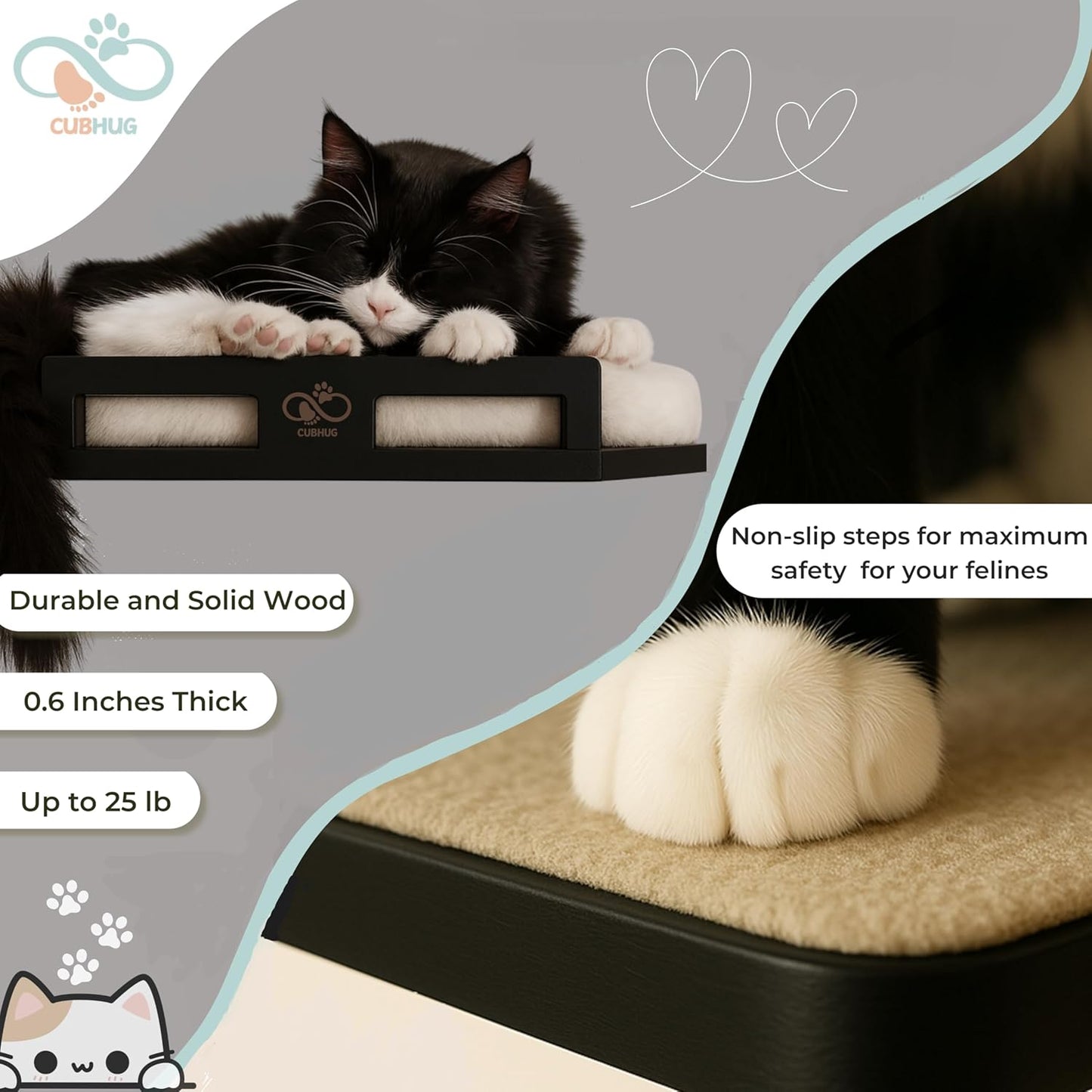 Cat Wall Shelves for Cats & Kitten up to 25 lb – Solid Wood Cozy Corner Bed + Cushion with 2 Washable Covers + 3 Wooden Steps, Safe Haven for Indoor Cats, Cat Shelves for Wall, Black
