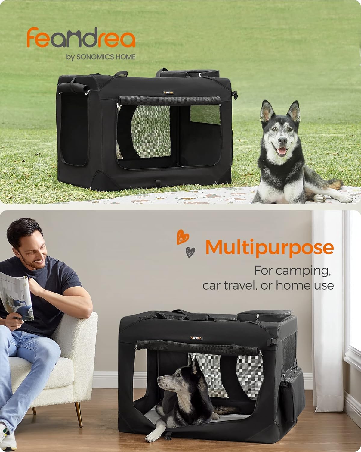 Feandrea 36 Inches Collapsible Soft Dog Crate, Portable Travel Dog Crate for Indoor and Outdoor Use, Dog Carrier Kennel with Safety Zippers, for Living Room, Car, Travelling, Camping, Black UPDC90H