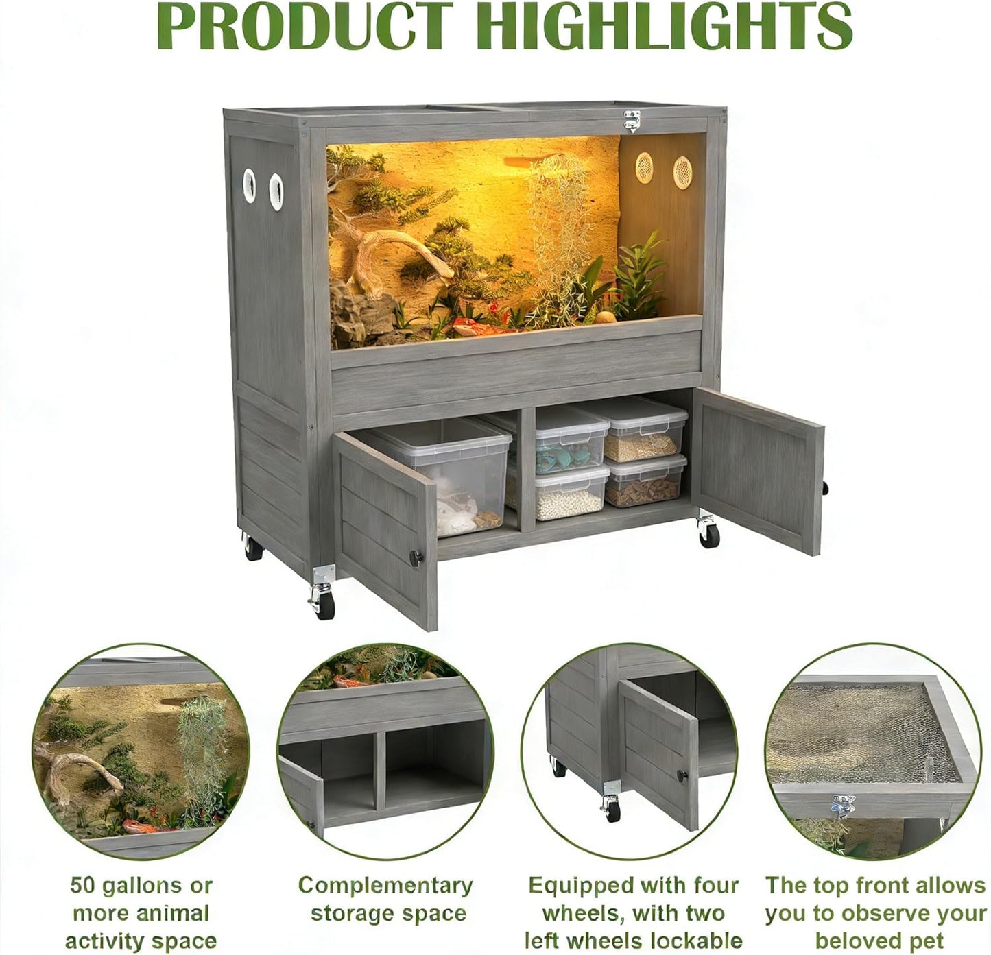 COCO DESIGN 45 Gallon Reptile Tank, Bearded Dragon Tank Reptile Enclosure with Mesh Top Fron, Integrated Sliding Lockable Doors with Storage Cabinet Large Habitat for Snake Tank Lizard Turtle