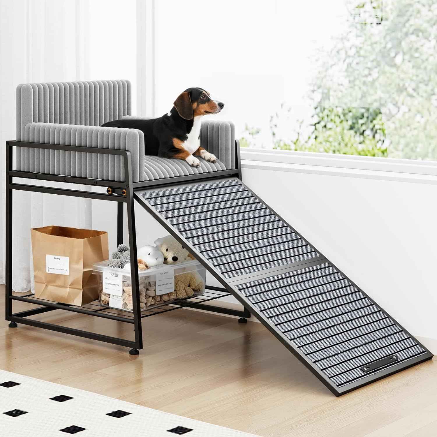 Pet Stairs Ramp with Seat,Dog Window Perch with Stairs and Storage,Dog Seat with Ramp Steps,Folding Pet Ramp for Dogs Cats,Bunk Bed Chair with Sofa Cushion for Bed Couch Office,Hold Up to 110 lbs