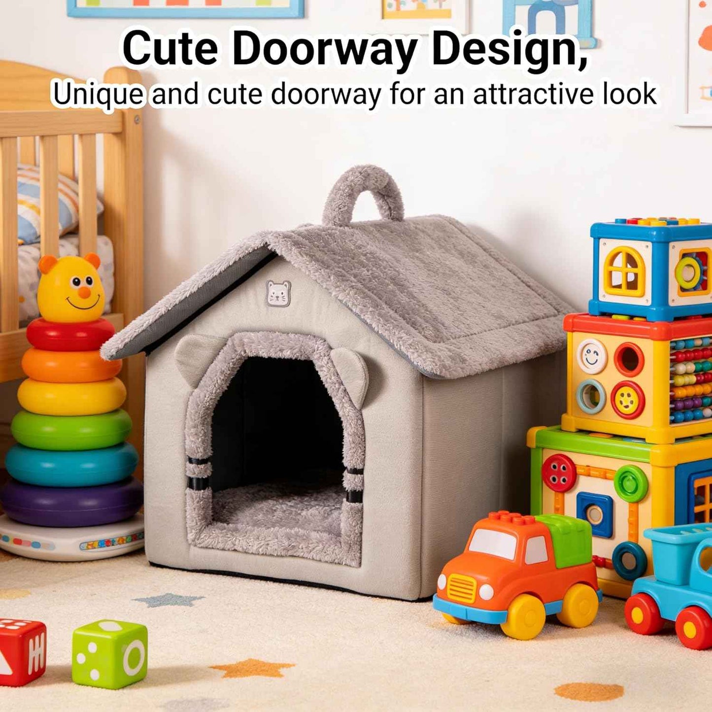 Cat Bed for Indoor Cats, Cartoon Pattern Cat Cave Bed with Handle Design, Soft Cat Hideaway Indoor, Lovely Cat House for Kitten, Puppy & Small Pets (M)