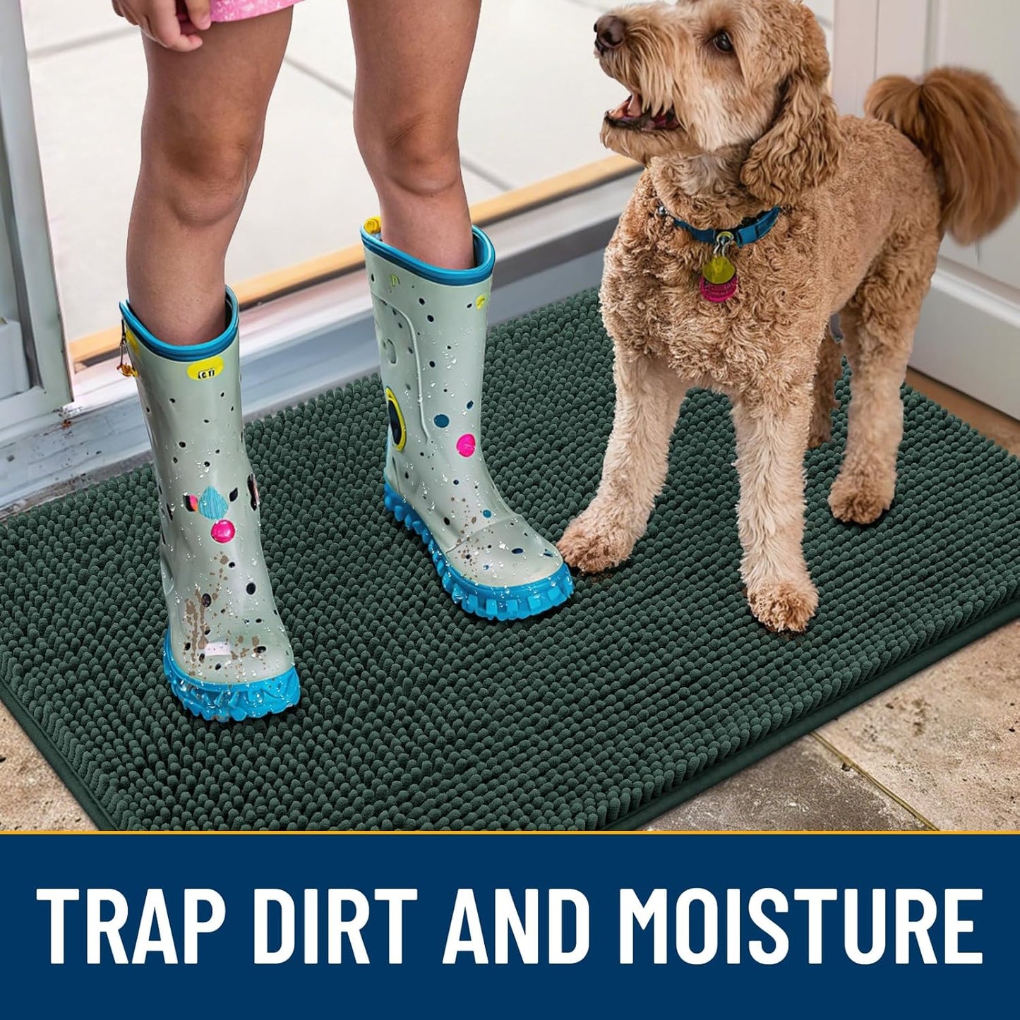 Smiry Dog Door Mat for Muddy Paws 47x32, Absorbs Moisture and Dirt Doormat, Non-Slip Washable Quick Dry Chenille Front Door Mat Indoor Entrance, Entryway Carpet for Inside Floor, Green