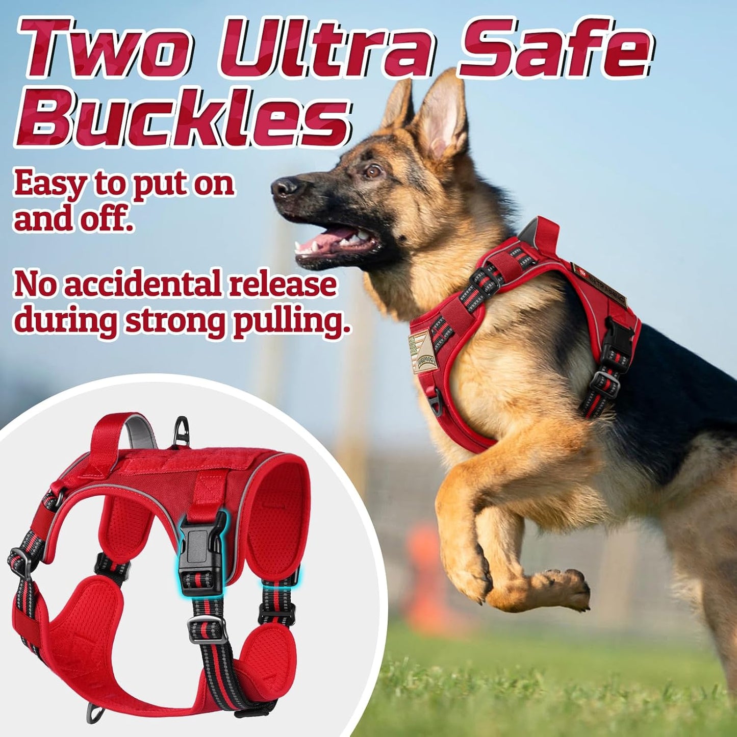 rabbitgoo Tactical Dog Harness for Large Dogs, No Pull Military Service Vest with Handle & Molle, Easy Control for Training Walking, Adjustable Reflective Straps, Red, XL
