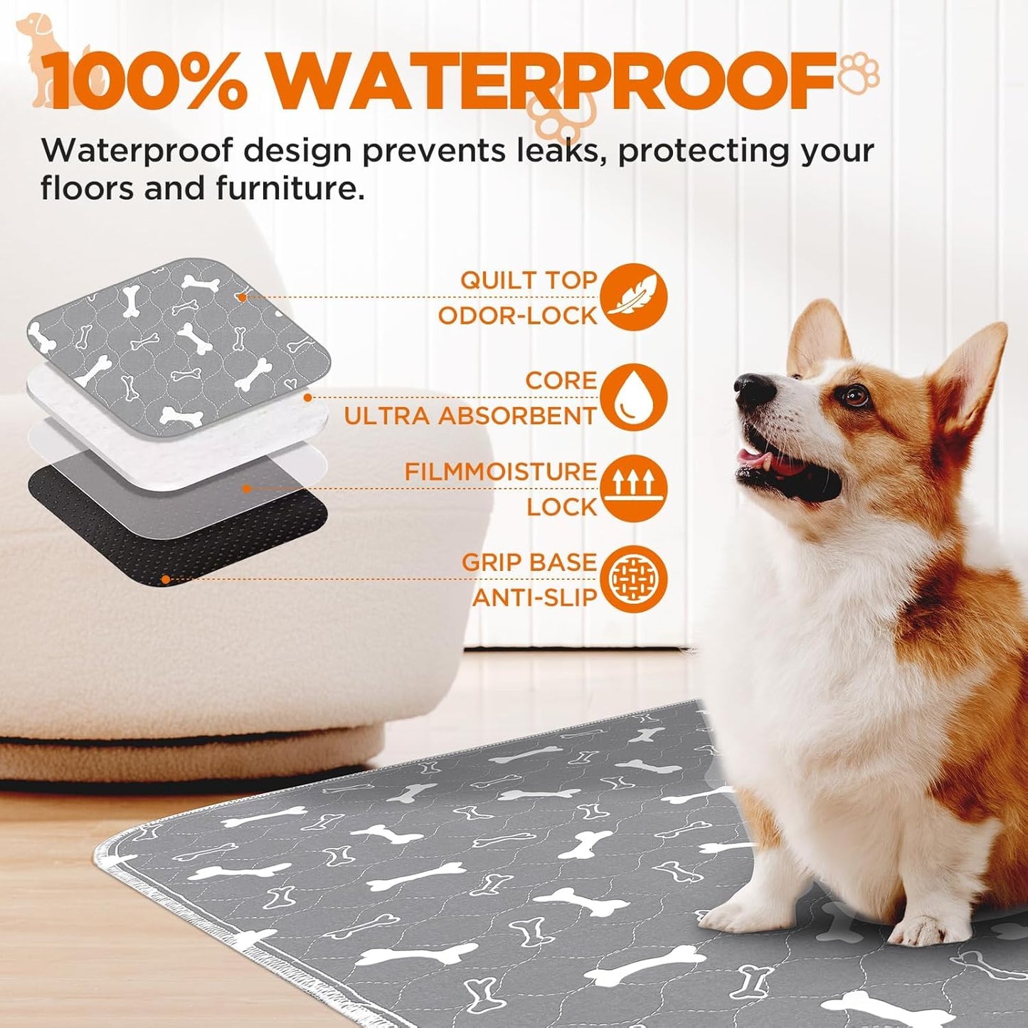 Washable Pee Pads for Dogs, 2Pack Reusable Puppy Pads, Fast Absorbent Dog Pee Pads for Crate Pet Training Pads, Waterproof Whelping Pads for Dogs Bed Mat Crate Indoor (Grey, 18x24)
