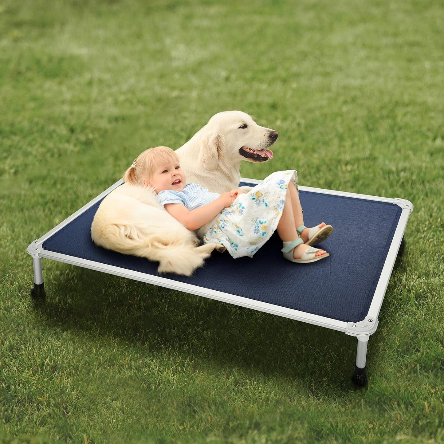 Veehoo Chew Proof Elevated Dog Bed - Cooling Raised Pet Cot - Silver Aluminum Frame and Durable Textilene Mesh Fabric, Unique Designed No-Slip Feet for Indoor or Outdoor Use, Blue, X-Large, CWC2003