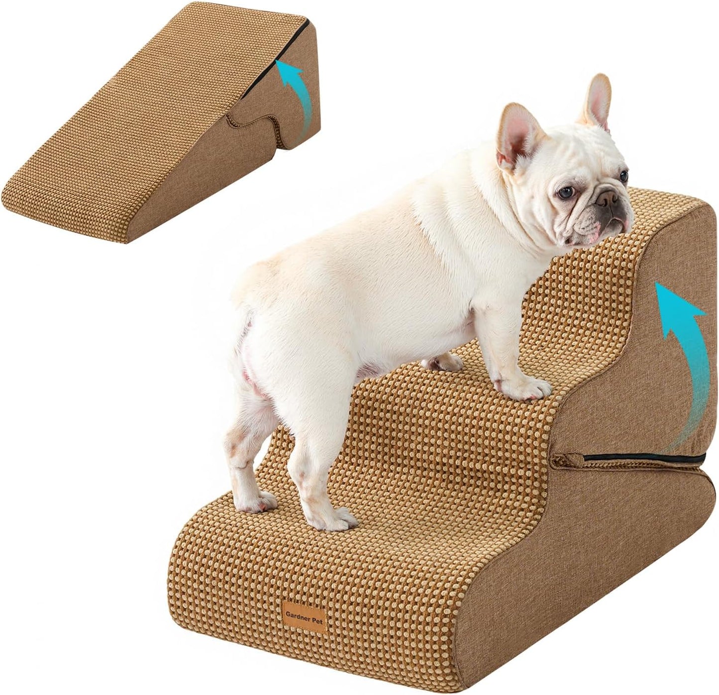 Gardner Pet Dog Stairs for Small Dogs 16.5" H, 2 in 1 Transformable 3-Step Pet Stairs and Dog Ramp for Couch (13-20 in), Brown Adjustable Pet Steps with Non-Slip Waterproof Cover and CertiPUR-US Foam