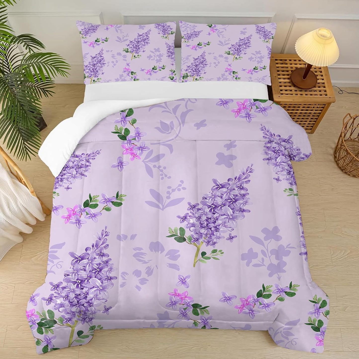 Floral Bedding Set Full : Purple Lilac Flower Comforter Set for Girls Women Kids Teens Bedroom Bed Bedspread Quilt,1 Comforter,2 Pillow Cases