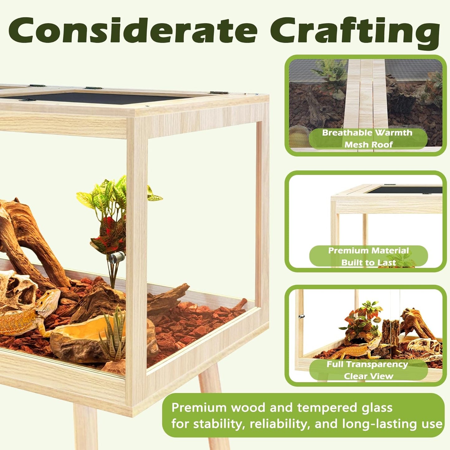 PROLEE Bearded Dragon Tank with Leg,Tempered Glass Lizard Tanks and Reptile Enclosure,Up to 78 Gallon Reptile Tank with Metal Mesh and Lockable Door for Snakes,Chameleon (Oak, 31Gallons,32inch)