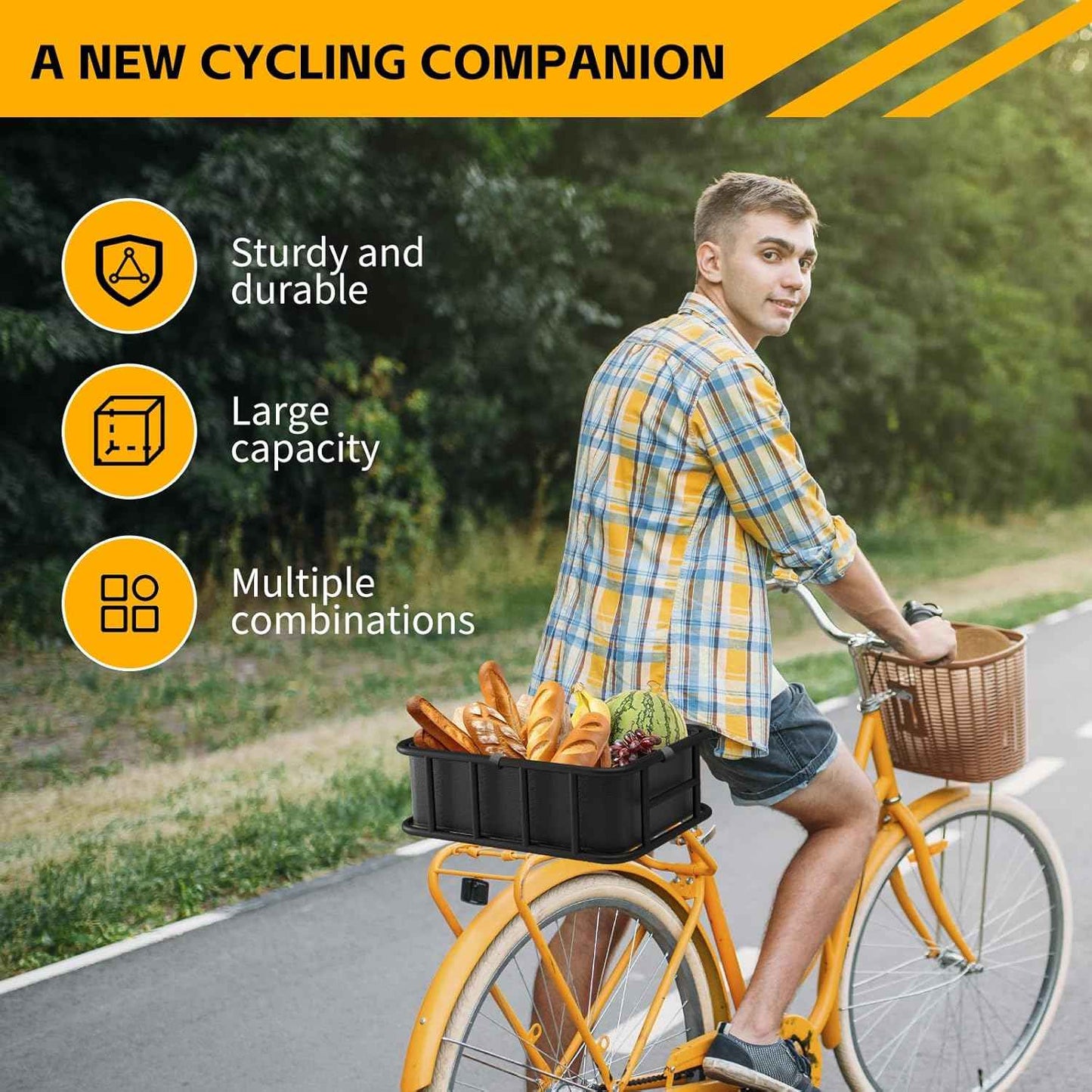 Bike Basket Rear Rack Bike Basket with Cargo Net and Liner Large Bicycle Basket Heavy Duty Bicycle Rear Basket with Liner Waterproof Cover Cargo Net