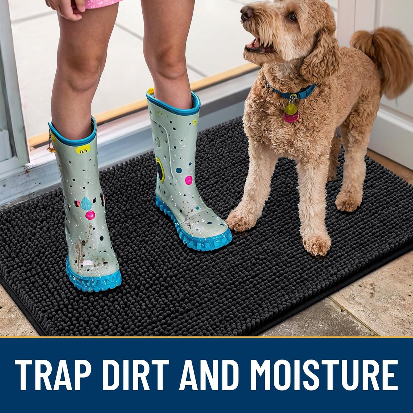 Smiry Dog Door Mat for Muddy Paws 40x32, Absorbs Moisture and Dirt Doormat, Non-Slip Washable Quick Dry Chenille Front Door Mat Indoor Entrance, Entryway Carpet for Inside Floor, Black