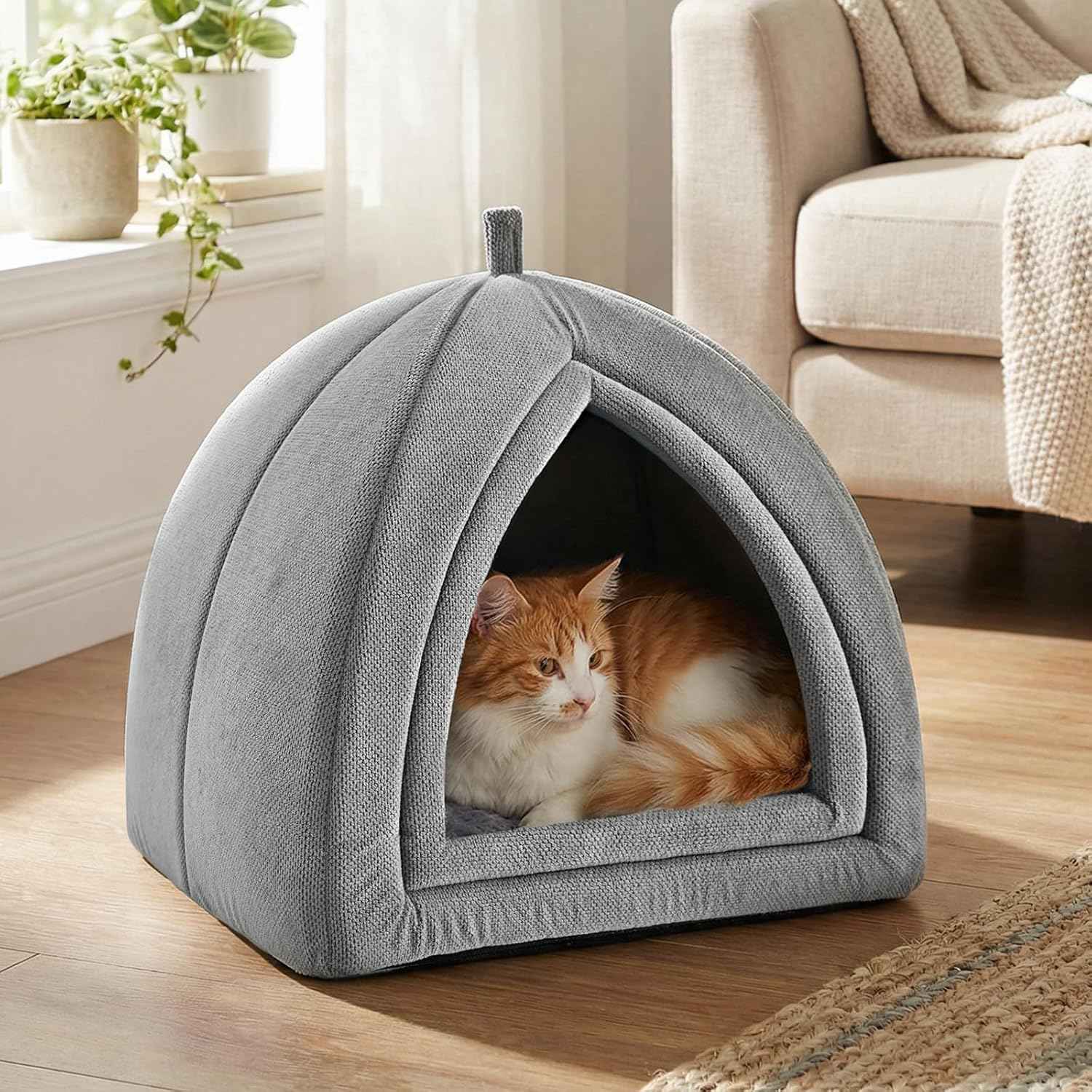 Amazon Basics Cat Cave Bed, 2-in-1 Foldable House for Indoor Cats, with Washable Cushion and Non-Slip Base, 17.5 x 17.5 Inches, Large, LightGray