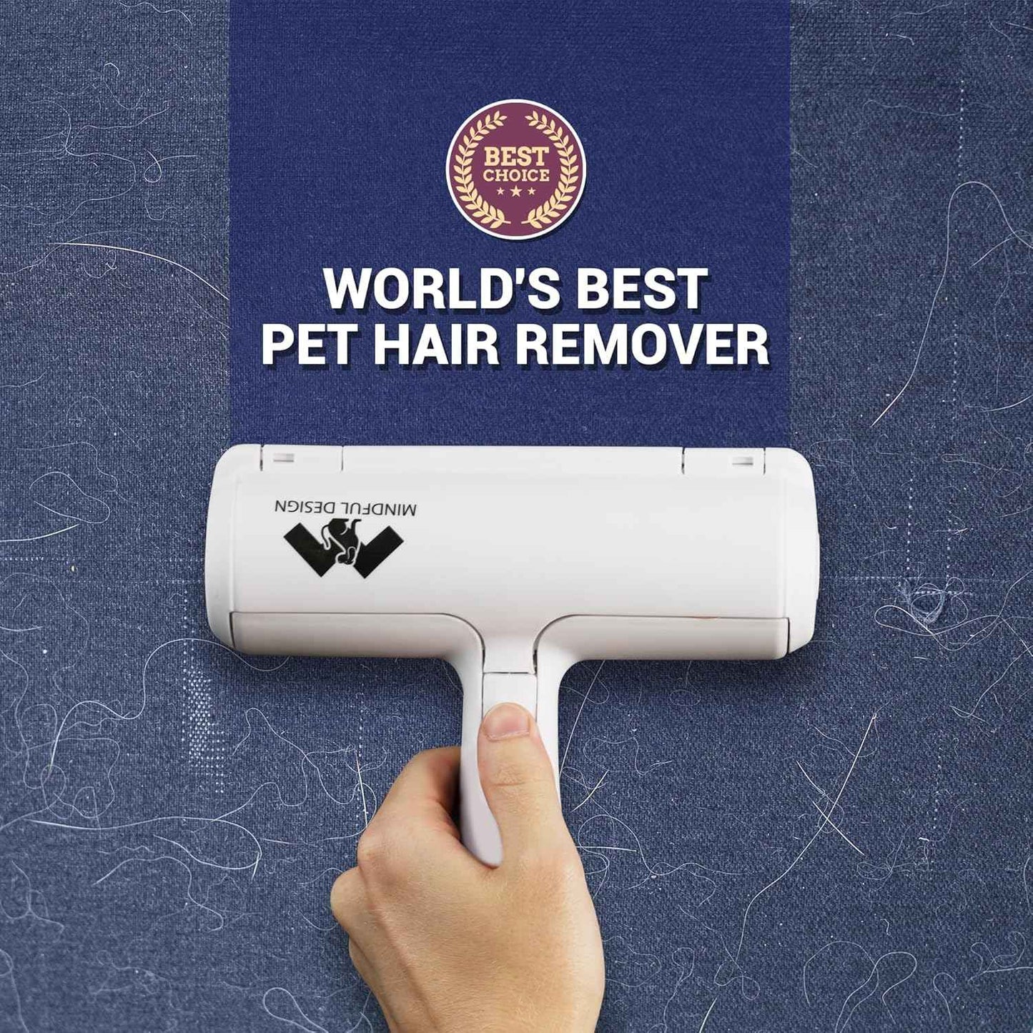 Mindful Design Roller Pet Hair Remover and Reusable Lint Roller - Cat and Dog Hair Remover for Furniture, Couch, Carpet, Clothing and Bedding - Portable, Multi-Surface Fur Removal Tool