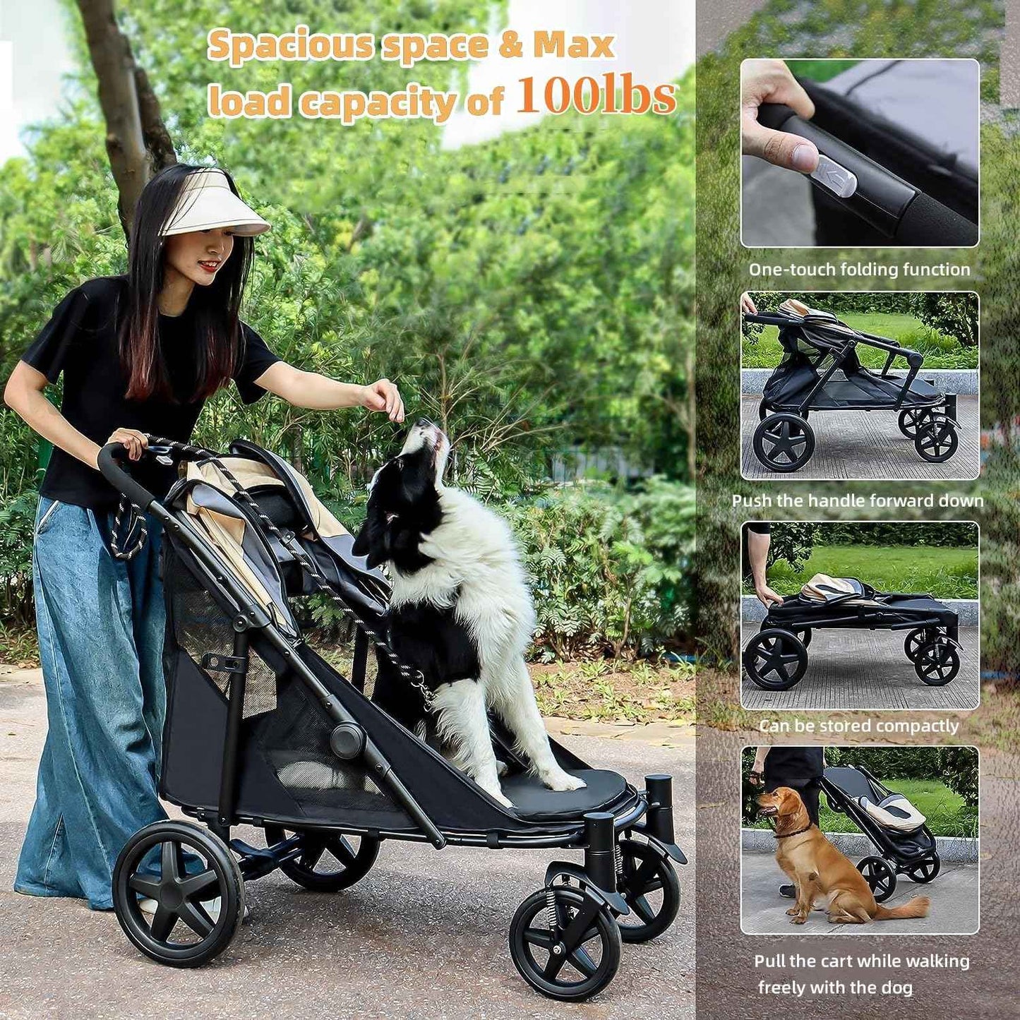 One-Click Folding Dog Stroller for 2 Dogs - 4 Wheel Jogger with Storage Pocket - Suitable for Pets Up to 110LBS (Beige & Grey)