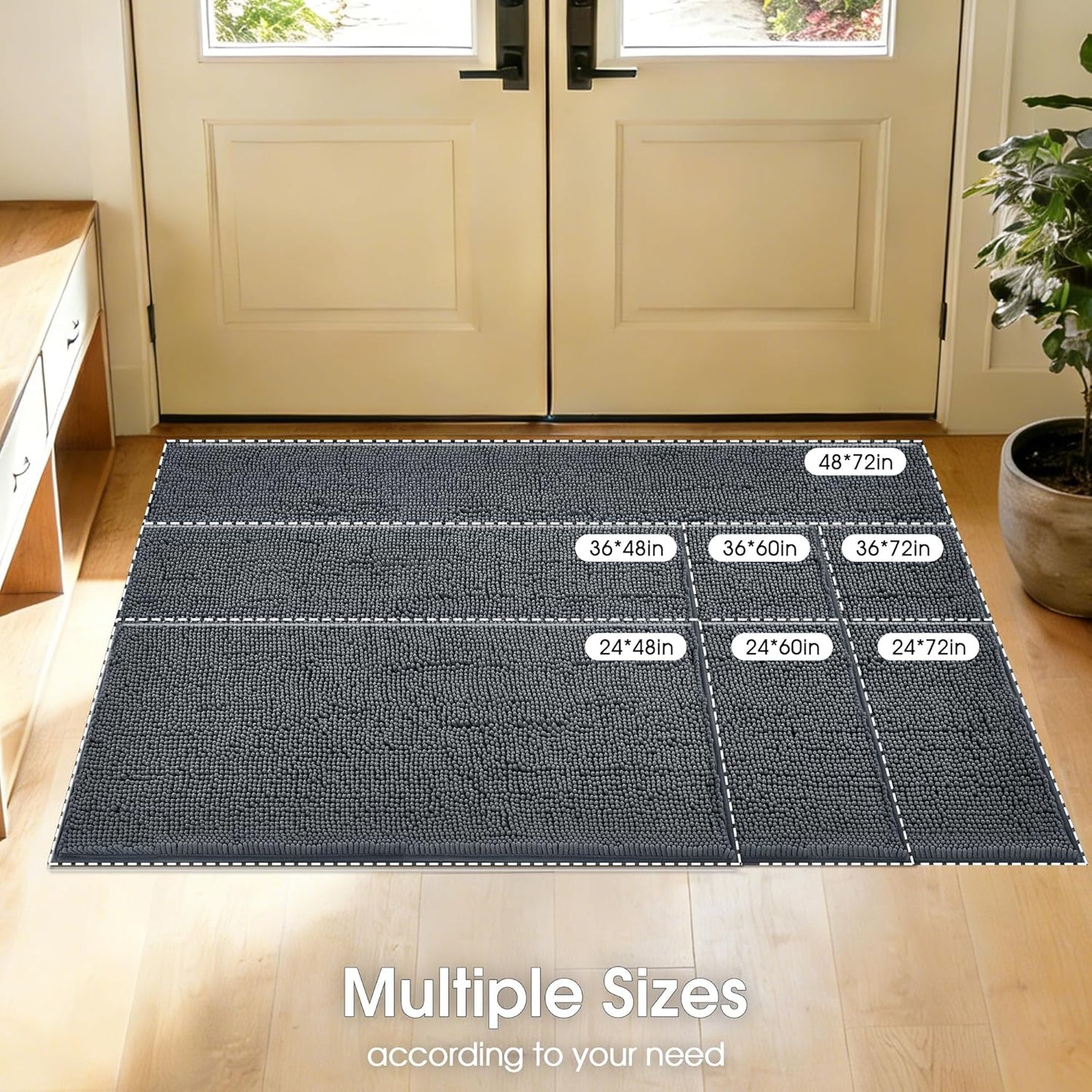Super Absorbent Dog Door Mat for Muddy Paws, 72"x24" Dirt Trapper Non-Slip Chenille Mat for Mud Dogs, Machine Washable Quick Dry Indoor Entryway Rug,Dark Grey