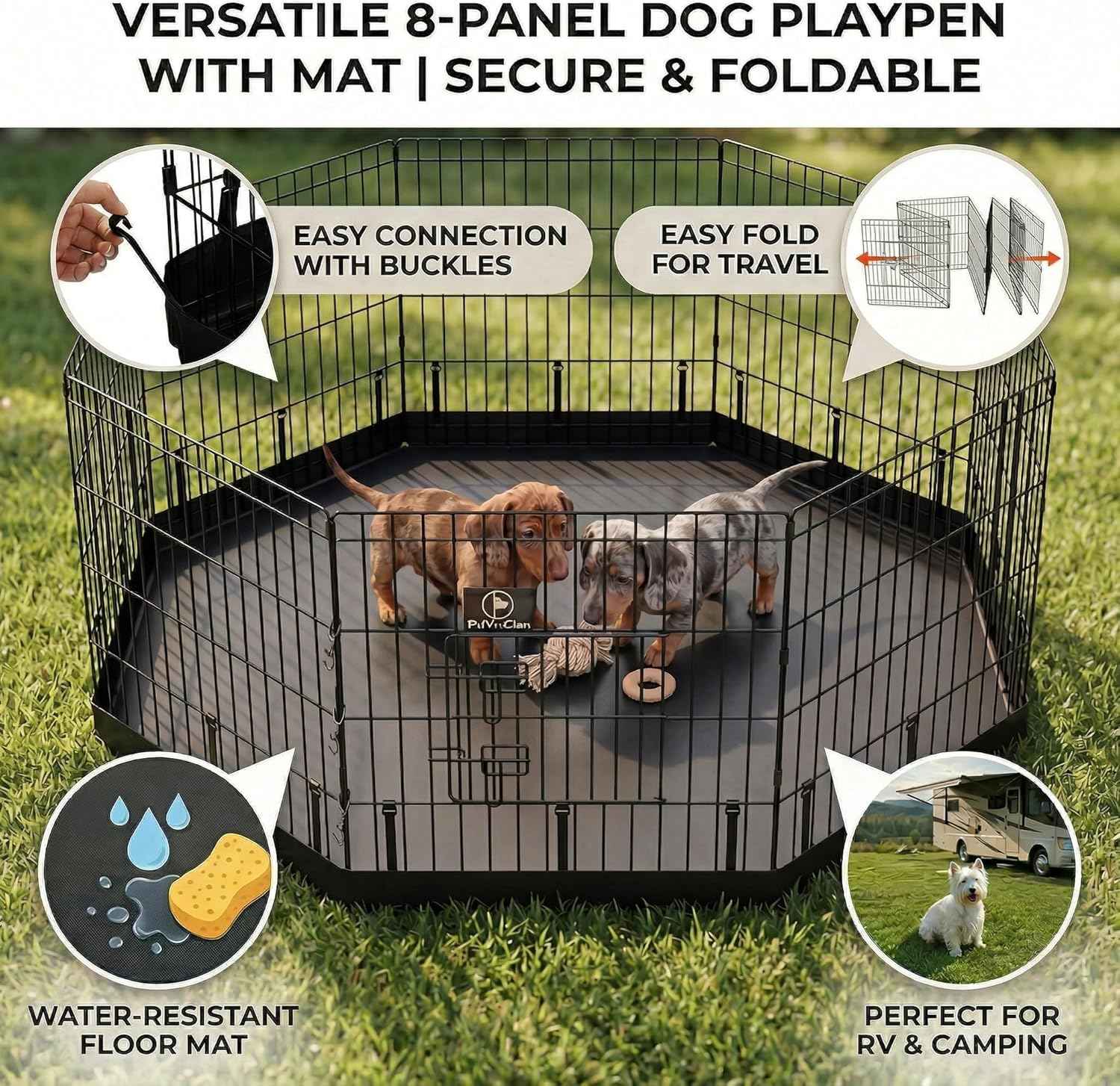 PJYuCien Octagonal Dog Playpen with Bottom Pad - Metal Foldable Exercise Pen, 8 Panels 24" H x 24" W Indoor Outdoor Pet Fence Puppy Crate Kennel, Black
