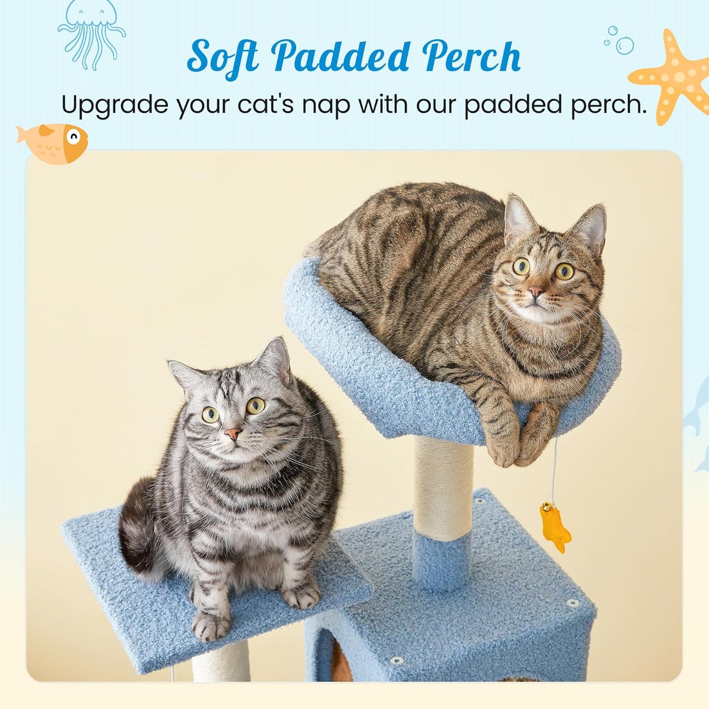 MWPO Ocean-Themed Cat Tree for Indoor Cats, 63.8 Inches Multi-Level Tower with Sisal-Covered Scratching Posts, Padded Platform, Hammock, Dangling Toys, Stable Condo Pet Play House, Blue