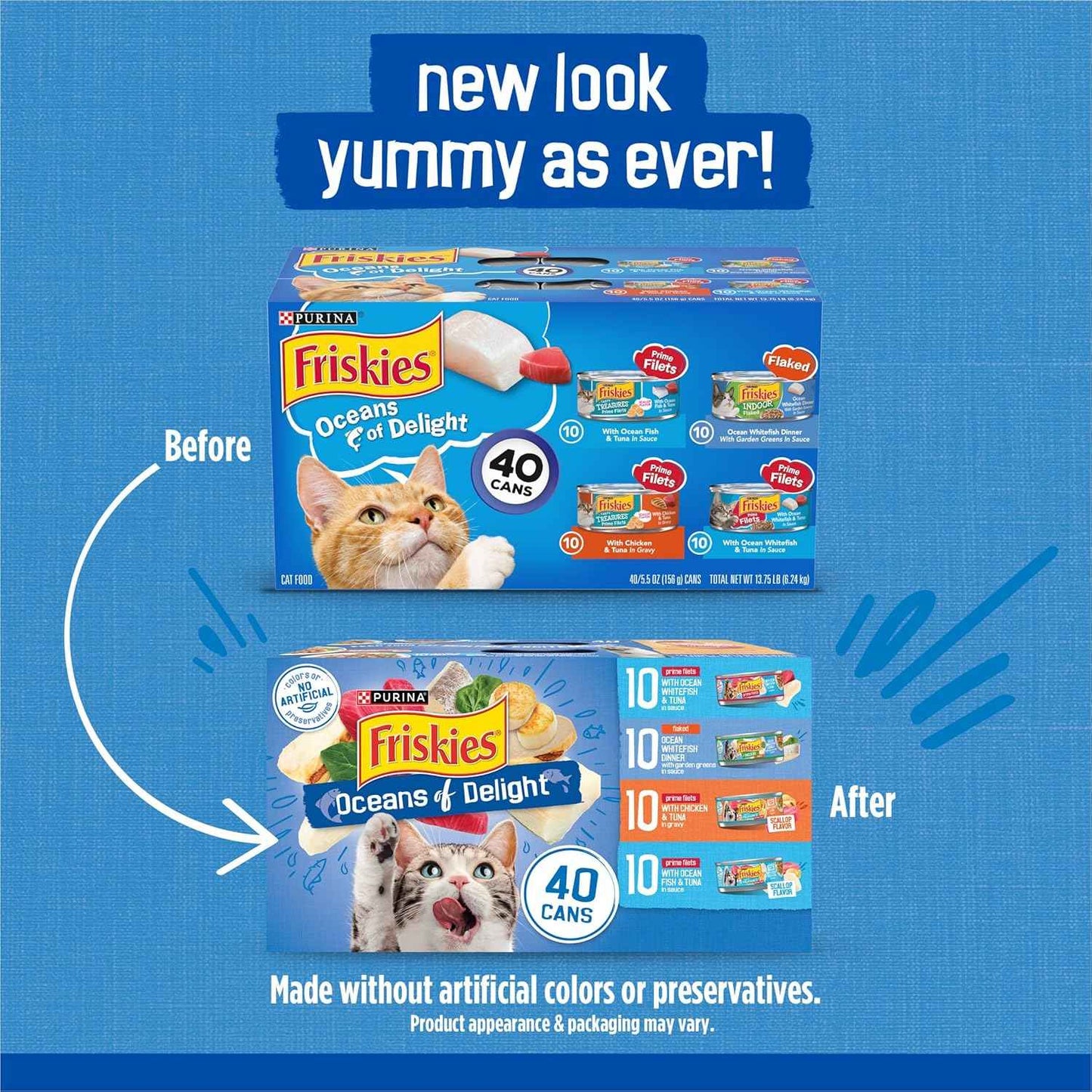 Purina Friskies Wet Cat Food Variety Pack, Oceans of Delight Flaked and Prime Filets - (Pack of 40) 5.5 oz. Cans