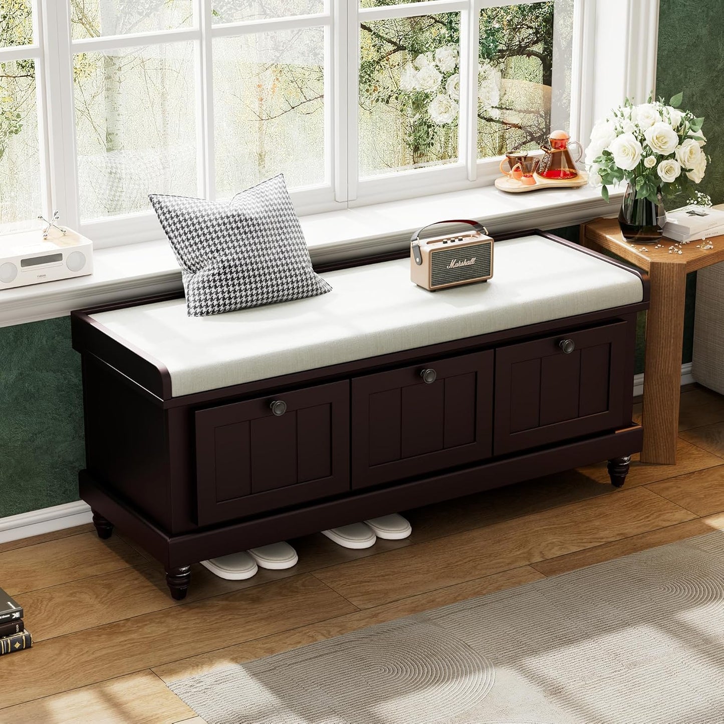 Classic Shoe Storage Bench with Cushion and Three Drawers, Fluted Entryway Bench with Storage for Entryway, Living Room, Hallways 44.0" L x 15.9" W x 18.9" H Espresso
