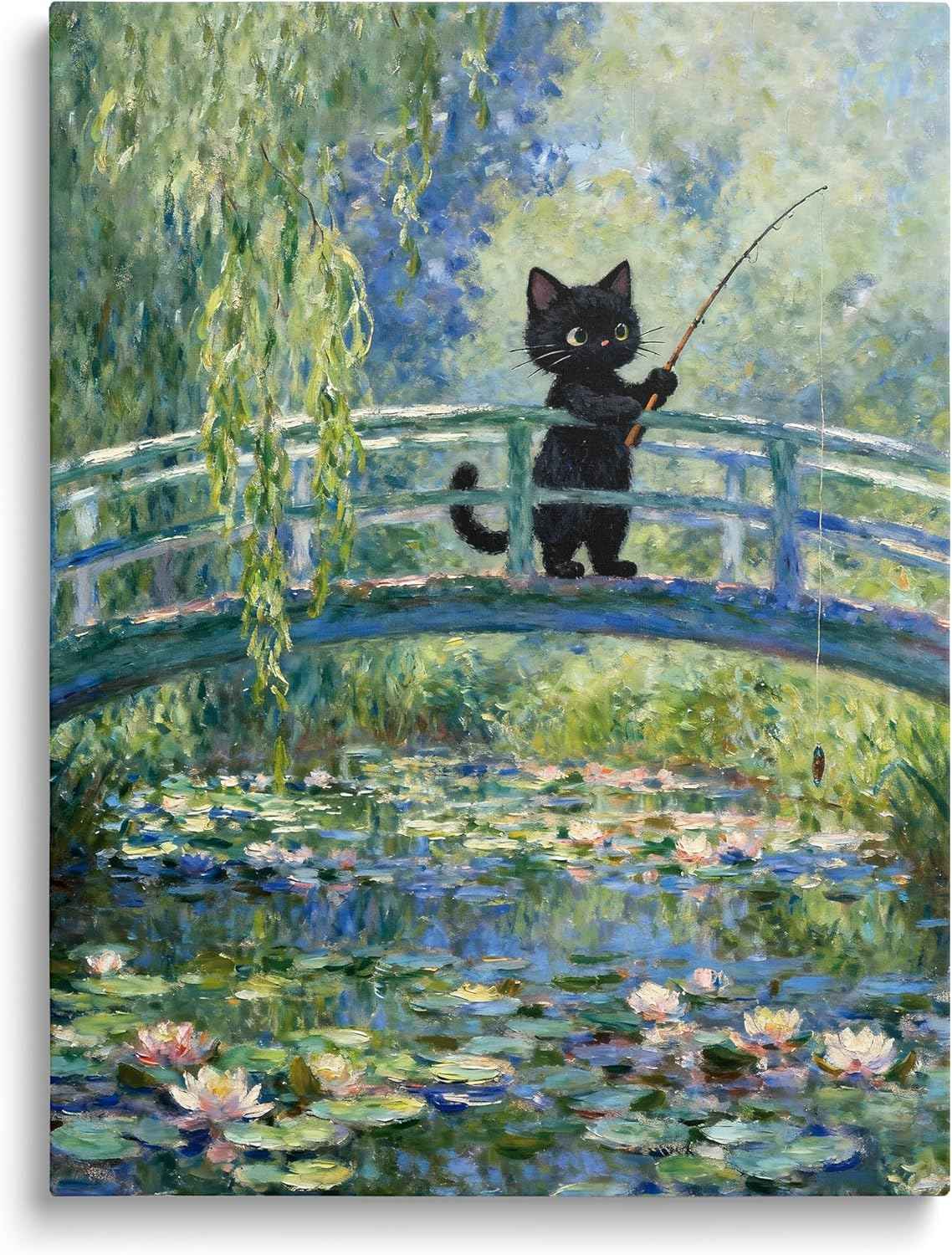 TimAsh Framed Monet Water Lilies Cat Wall Art, Vintage Canvas Art Wall Decor Funny Black Cat Aesthetic Posters Prints for Bathroom Bedroom Living Room Home Office Decorations 10L x 8W