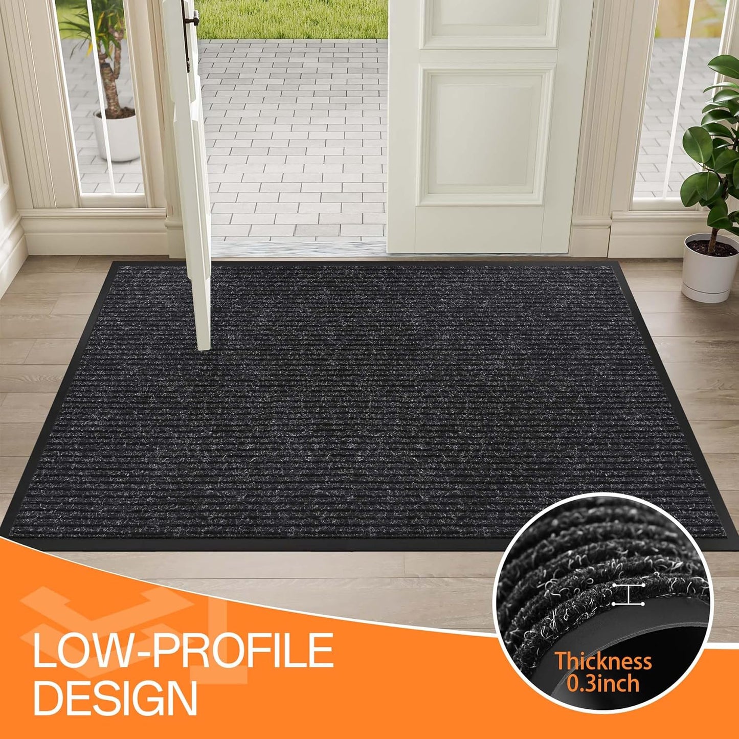 Indoor Outdoor Door Mat, 10' x 3' Doormat for Entryway, Rubber Backing Non Slip Front Door Mat Outside Entrance, Super Absorbent Commercial Floor Mat for Home Office, Black