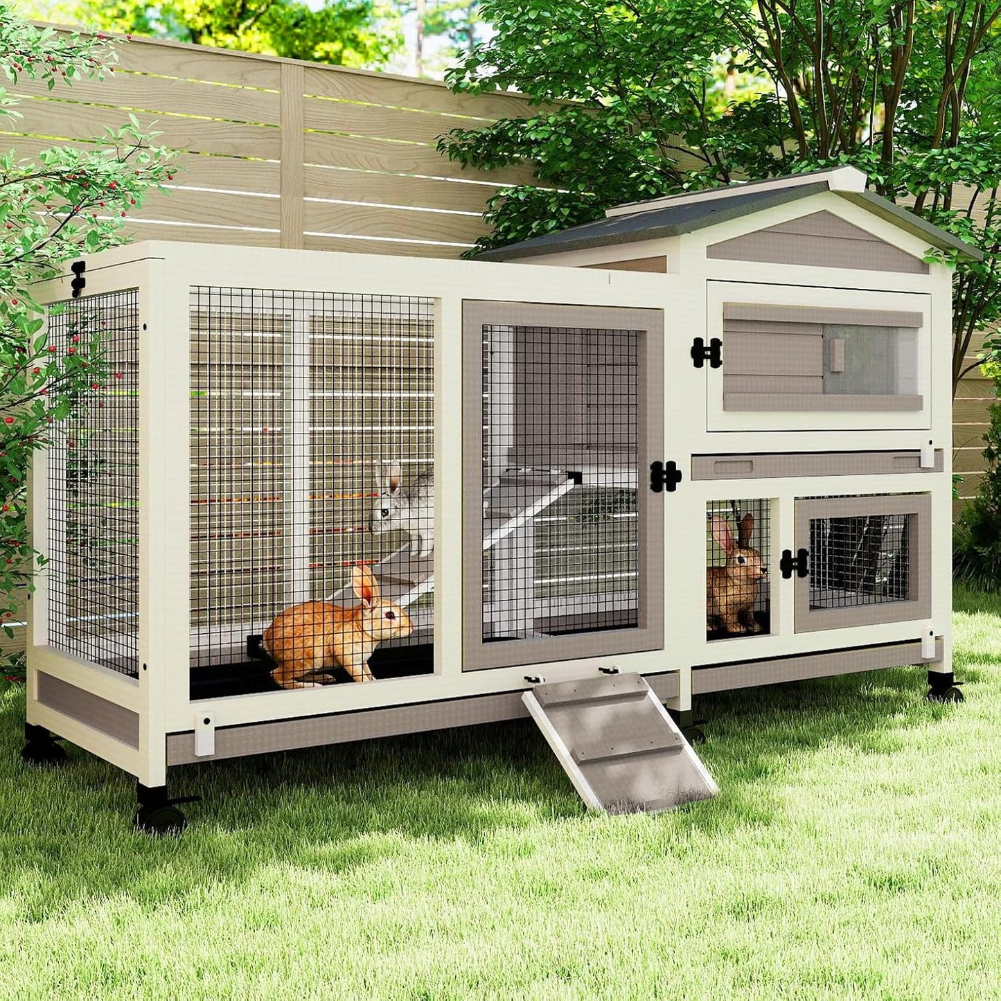 Rabbit Hutch Outdoor Indoor, 2 Story Wooden Bunny Cage with 6 Lockable Wheels, 3 Removable Deep No Leakage Pull Out Trays for Rabbit & Guinea Pig, Chew-Proof Ramp & Waterproof Roof, Grey