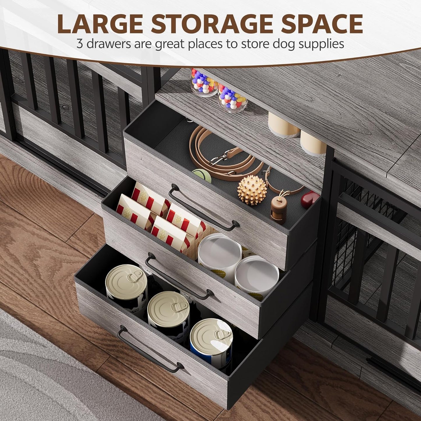 86.61" Large Double Dog Crate Furniture with 3 Storage Drawers Farmhouse Dog Kennel TV Stand Indoor for 2 Large Medium Dogs Decorative Dog Cage with Sliding Barn Door & Power Outlets Grey