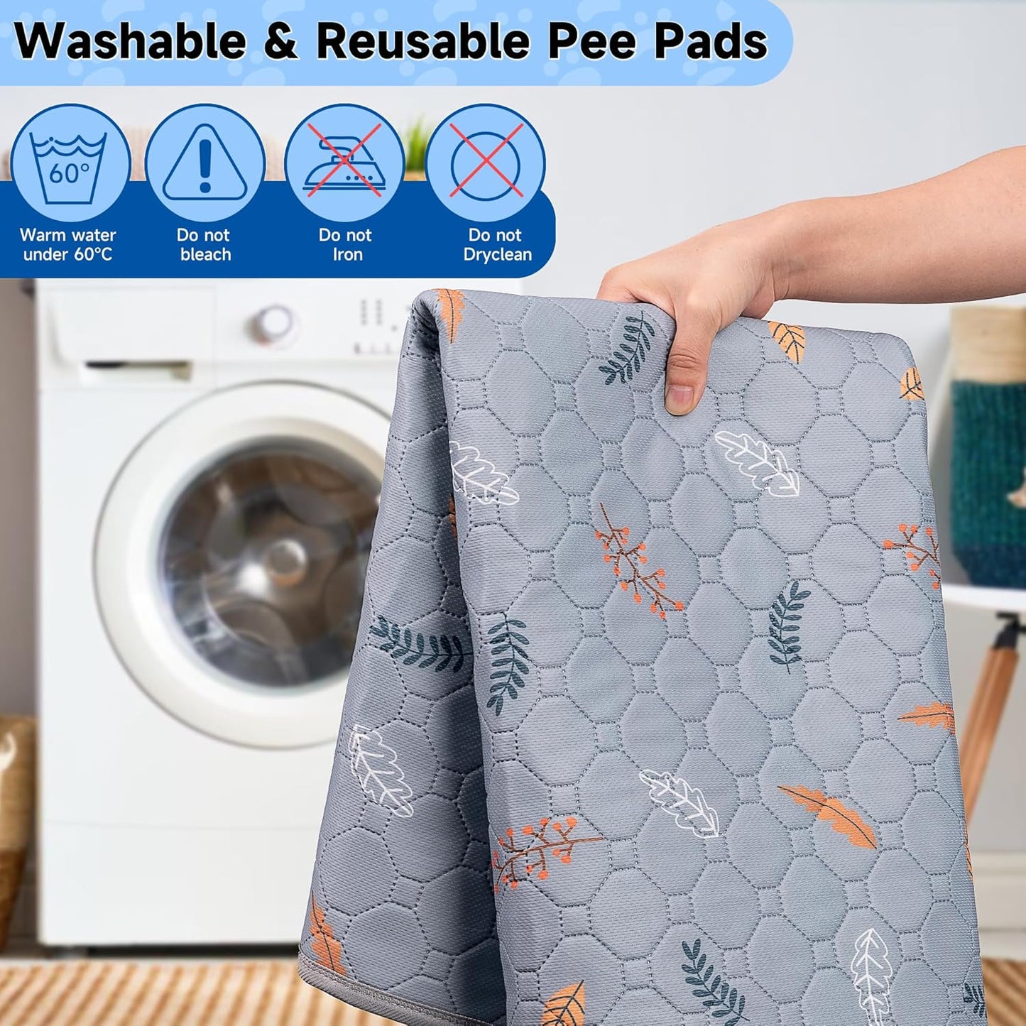 Sunheir Washable Pee Pads for Dogs Extra Large 36" x 48" 2-Pack Reusable Puppy Pads Pet Training Pads, Whelping Pad, Non-Slip Protects Against Urine Leakage (Leaves - Light Grey, 36x48)
