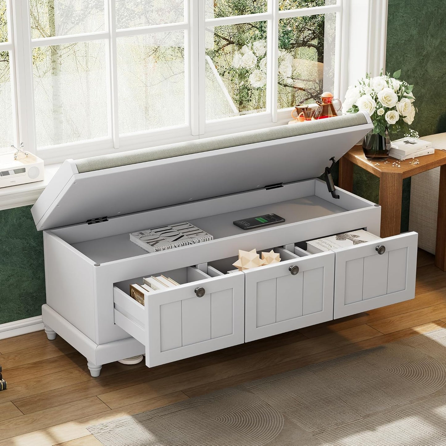 Classic Shoe Storage Bench with Cushion and Three Drawers, Fluted Entryway Bench with Storage for Entryway, Living Room, Hallways 44.0" L x 15.9" W x 18.9" H Gray Wash