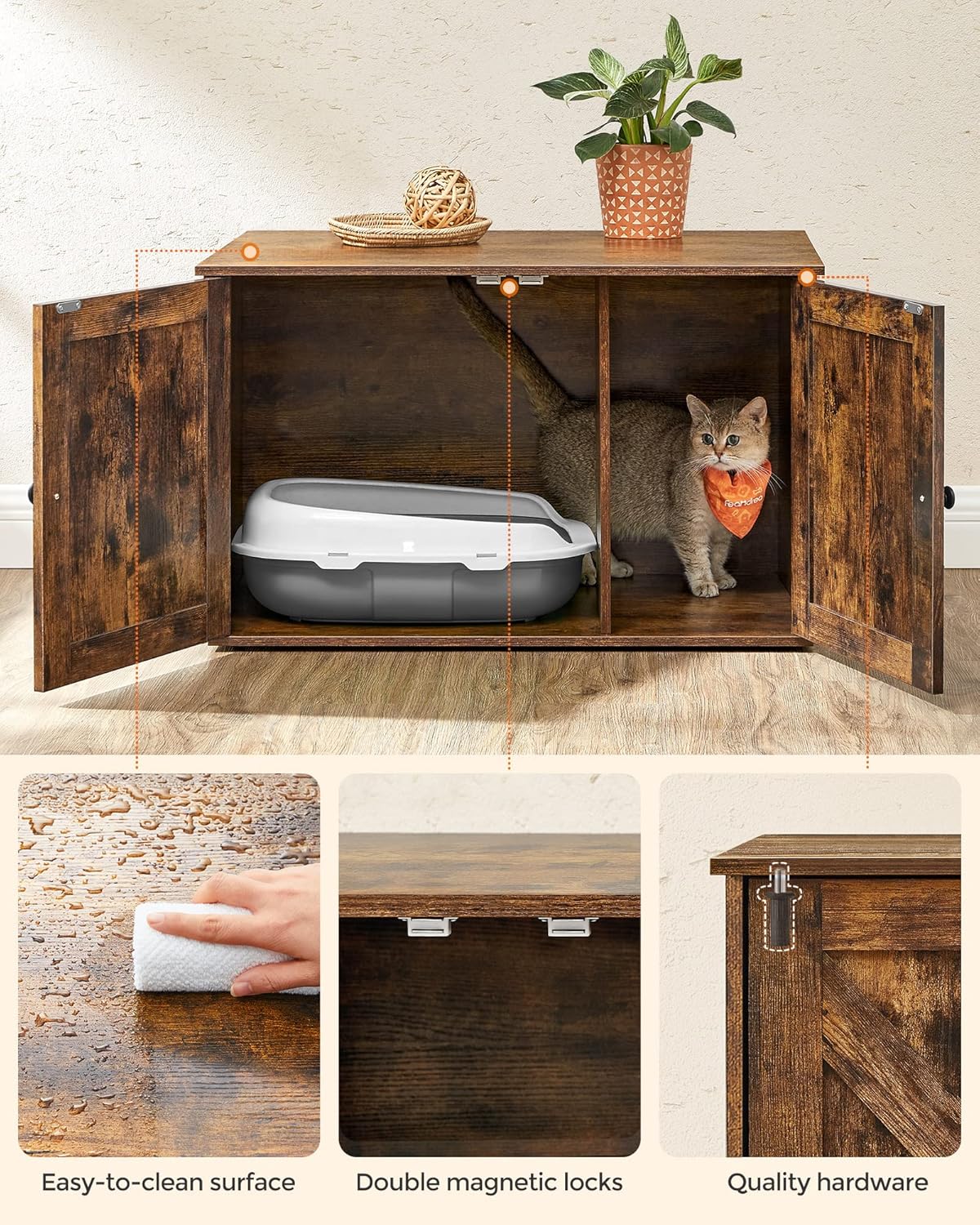 Feandrea Cat Litter Box Enclosure, Litter Box Furniture Hidden with Removable Divider, Indoor Cat House, End Table, 31.5 x 20.9 x 19.7 Inches, Rustic Brown UPCL002X01