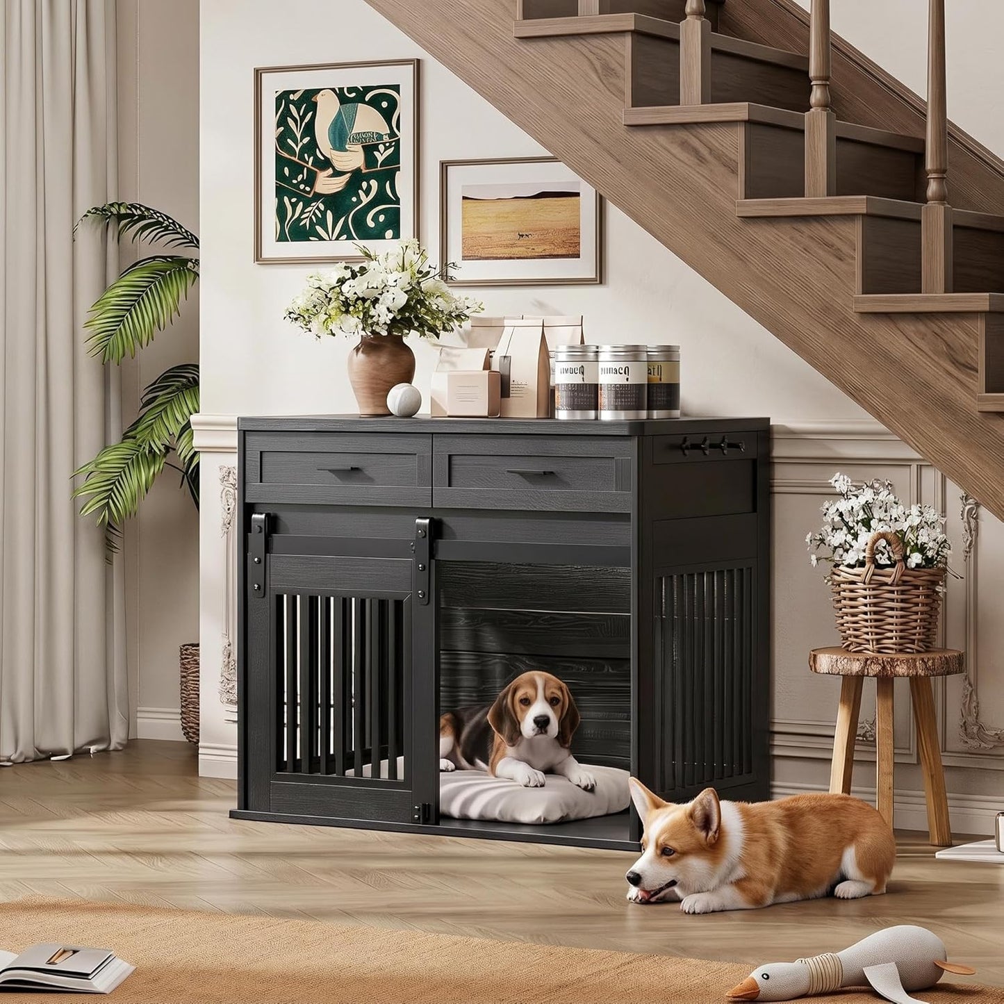 44.5" Large Dog Crate Furniture with 2 Storage Drawers,Heavy Duty Wooden Pet Kennel with Sliding Barn Door & Hook,Dog Kennel End Table TV Stand,Farmhouse Style Dog Crates for Medium/Large Dogs,Black
