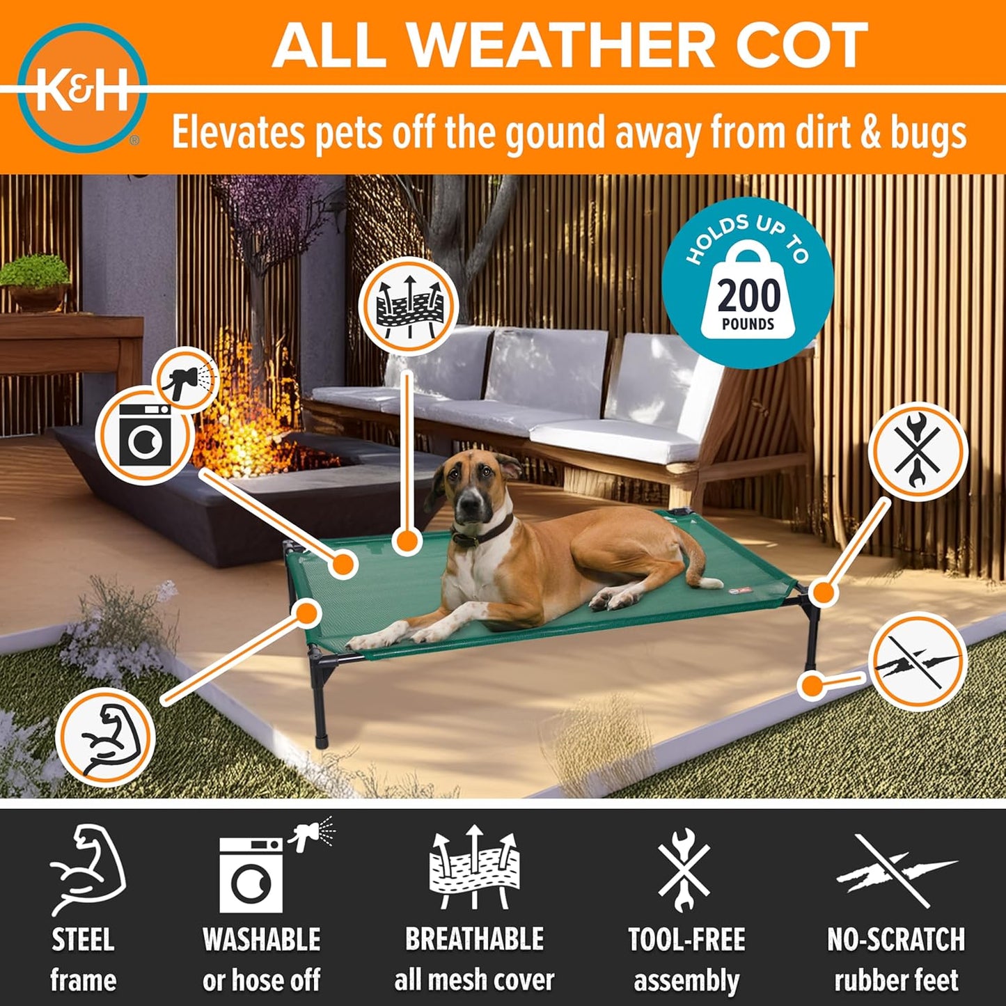 K&H Pet Products Cooling Elevated Dog Bed, Outdoor Raised Cot with Waterproof Breathable Mesh for Large Dogs, Portable Place Bed with Heavy-Duty Metal Frame, Big Hammock Style - Large Green