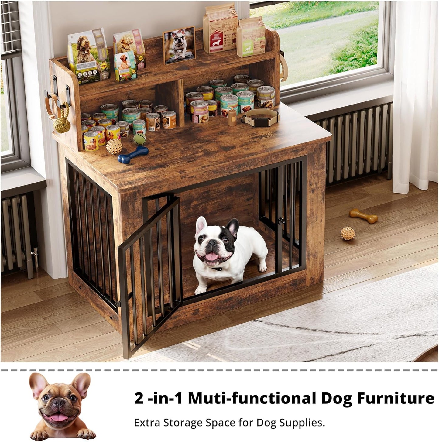 IRONCK Dog Crate Furniture, 33.4 inches Wooden Small Dog Crate with Storage and 4 Hooks, Heavy Duty Pet Crate for Small Dog, Decorative Pet Cage for Indoor (22" L x 33.4" W x 37.4" H)
