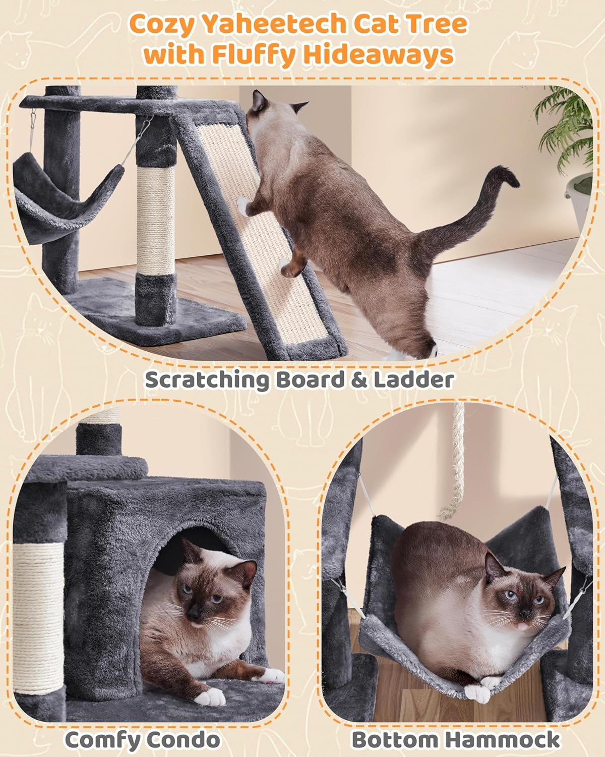 Yaheetech 63in Large Cat Tree for Heavy Cats up to 22lbs, Anti-Wobble Tower with Condo & Hammock, Space-Saving for Indoor Multi-Pet Households, Stops Furniture Scratching