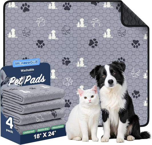Washable Pee Pads for Dogs, 4 Pack Absorbent Reusable Training Dog Pads Pet Puppy Pads, Non-Slip Potty Pads for Whelping, Playpen, Crate, Bed, Grey 18"x24"