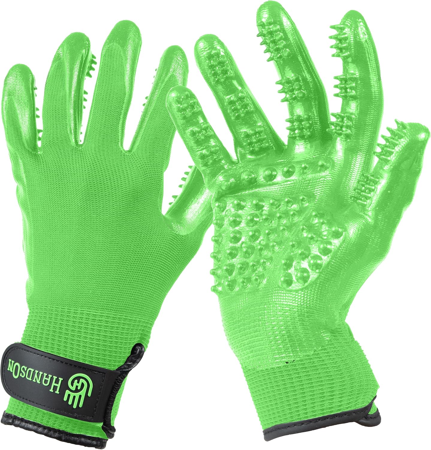 H HANDSON Pet Grooming Gloves - Patented #1 Ranked, Award Winning Shedding, Bathing, & Hair Remover Gloves - Gentle Brush for Cats, Dogs, and Horses (Mono Green, X-Large)