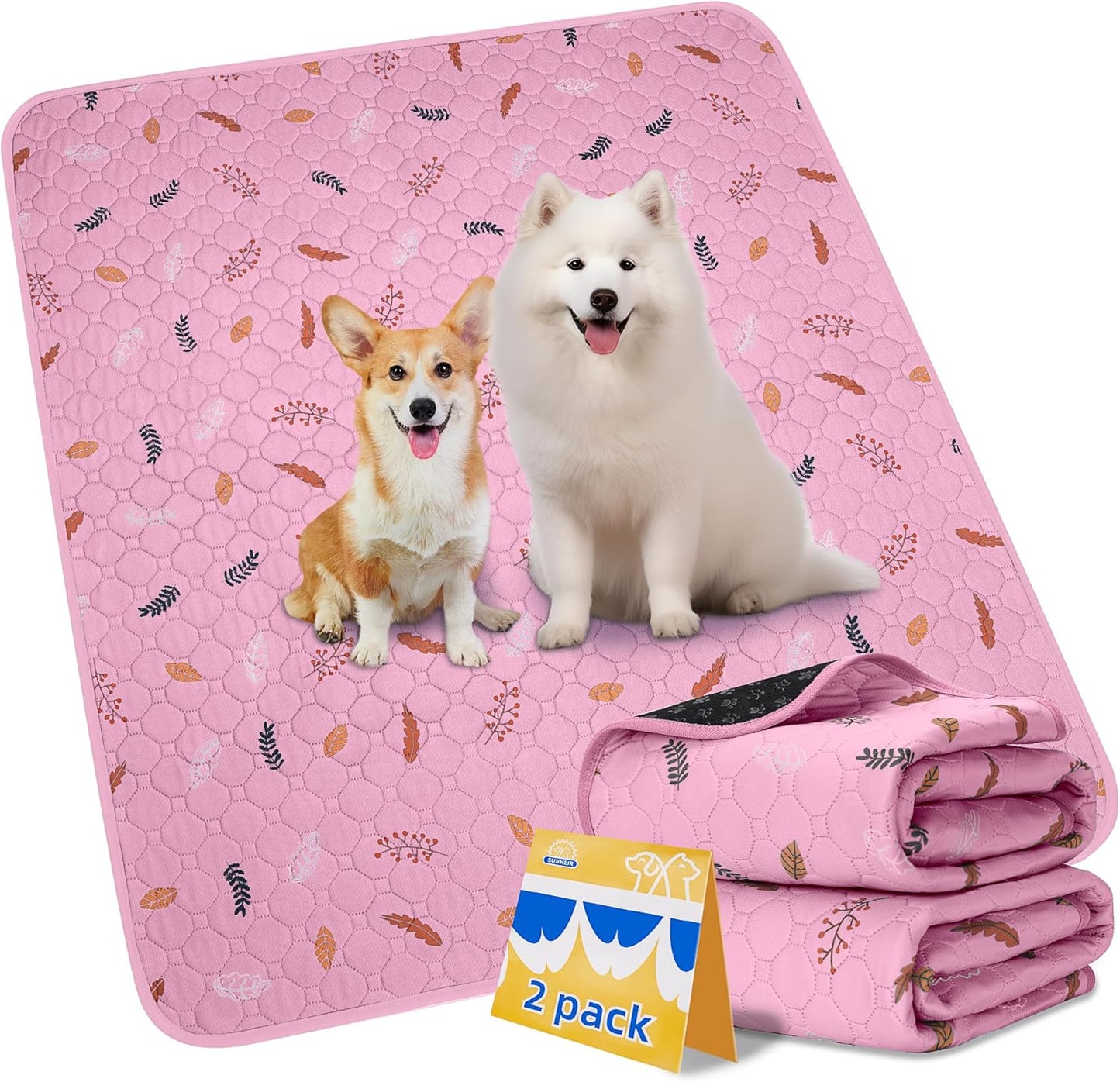 Sunheir 2-Pack Extra Large Reusable Dog Mat for Floor, Dog Playpen, Non-Slip Waterproof Super Absorbent Washable Pee Pads for Dogs, Pet Whelping Pads, Potty Training - Pink, 36" x 48"