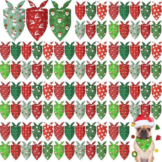 100 Pcs Christmas Dog Bandanas Bulk Xmas Santa Snowflakes Bandanas Adjustable Soft Bibs Triangle for Small Medium Large Pets Holiday Party Costume